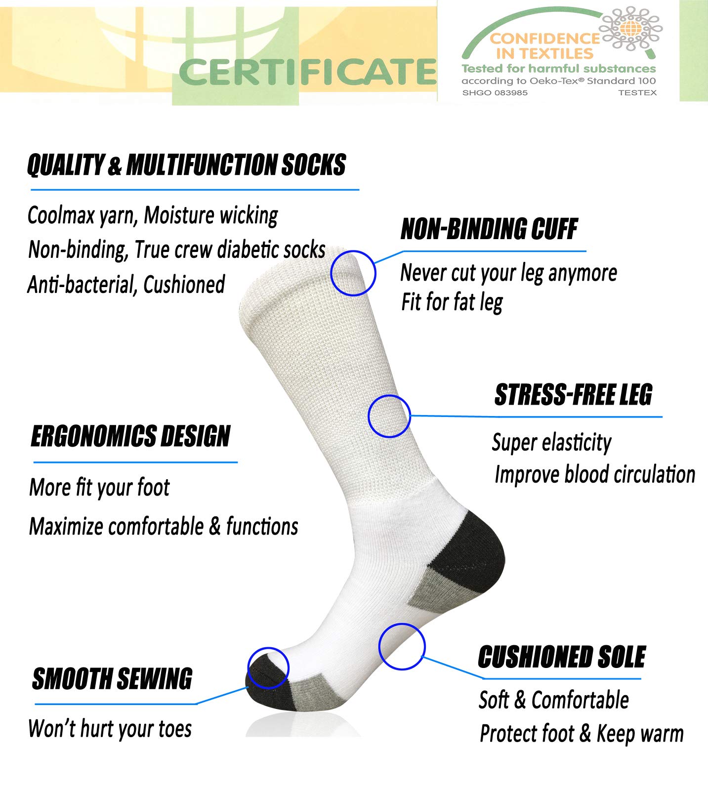Men's Diabetic Socks - Non-Binding Crew Socks with Cushioning for Edema & Swollen Feet Relief - Thick Ankle Support for Diabetes & Circulation - Perfect for Daily Wear, Travel & Medical Conditions