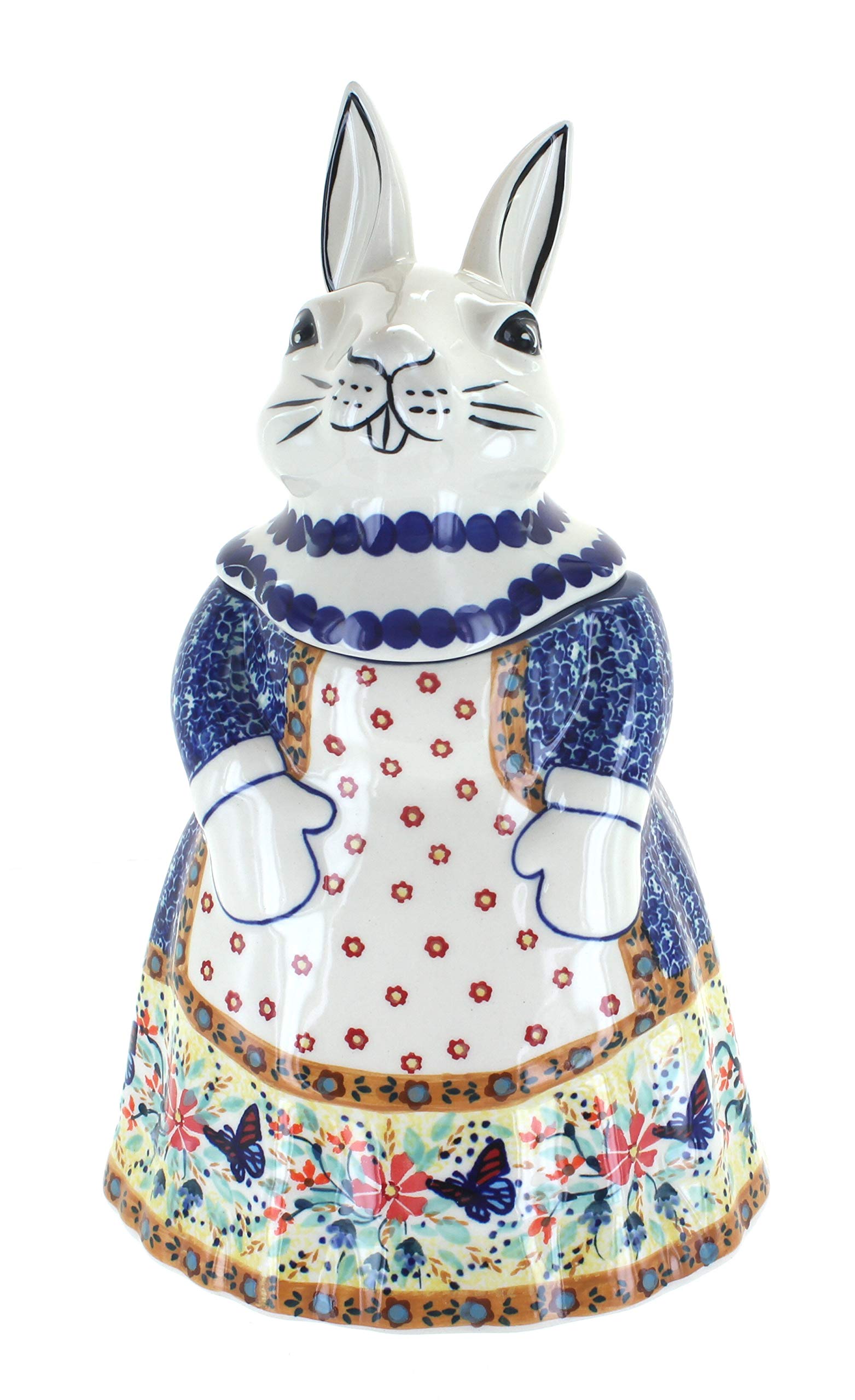 Hand-Painted Blue Rose Polish Pottery Cookie Jar with Butterfly & Rabbit Design - Elegant Kitchen Storage for Cookies, Tea, Sugar & More