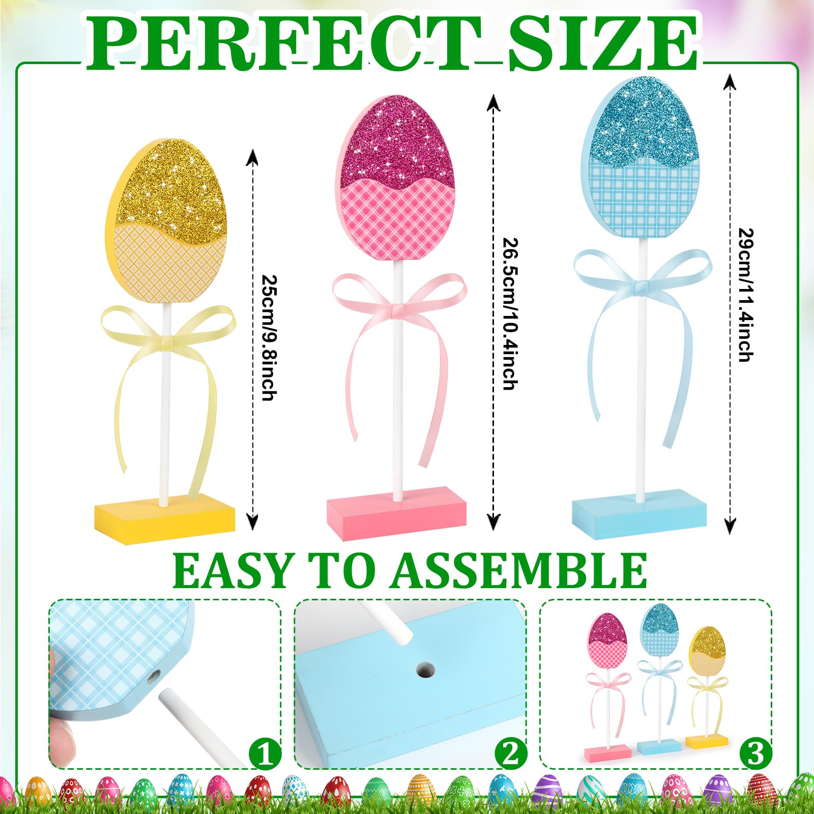 3 Pcs Easter Tiered Tray Decor Set - Wooden Glitter Easter Eggs Decorations - Happy Easter Centerpieces for Table, Home, Kitchen & Office - Perfect for Spring Parties, Holiday Tablescapes & Festive Home Decor