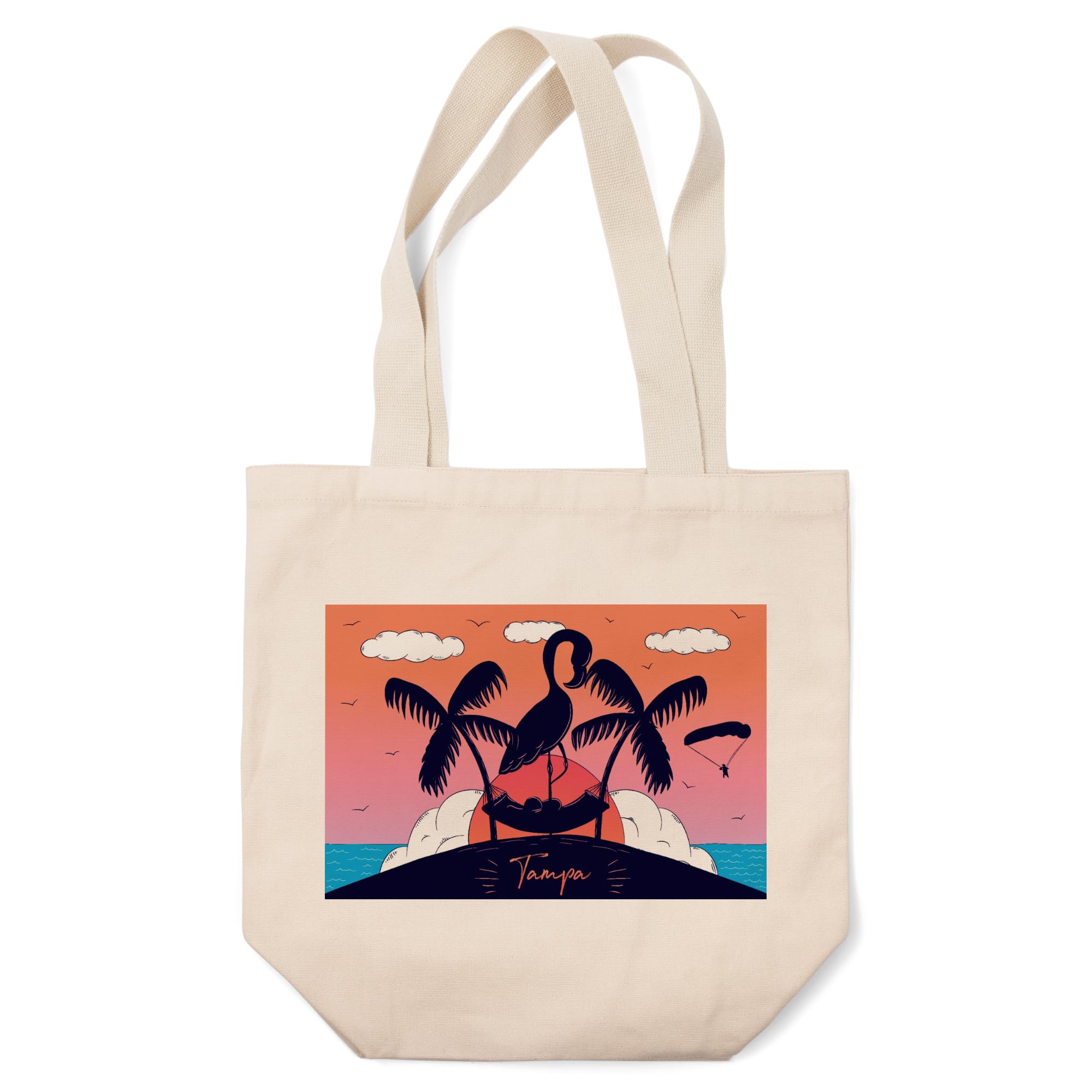 Lantern Press Tampa Florida Flamingo Island Beach Scene Tote Bag - 100% Cotton Canvas Reusable Shopping Bag for Beach, Groceries & Everyday Use