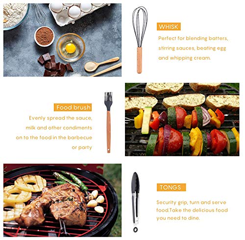 Premium Silicone Kitchen Utensil Set with Wooden Handles - 12-Piece Heat-Resistant Cooking Tools Including Spatula, Turner, Tongs & Whisk - Non-Slip Holder Included - Perfect for Baking, Frying & Everyday Cooking (Black)