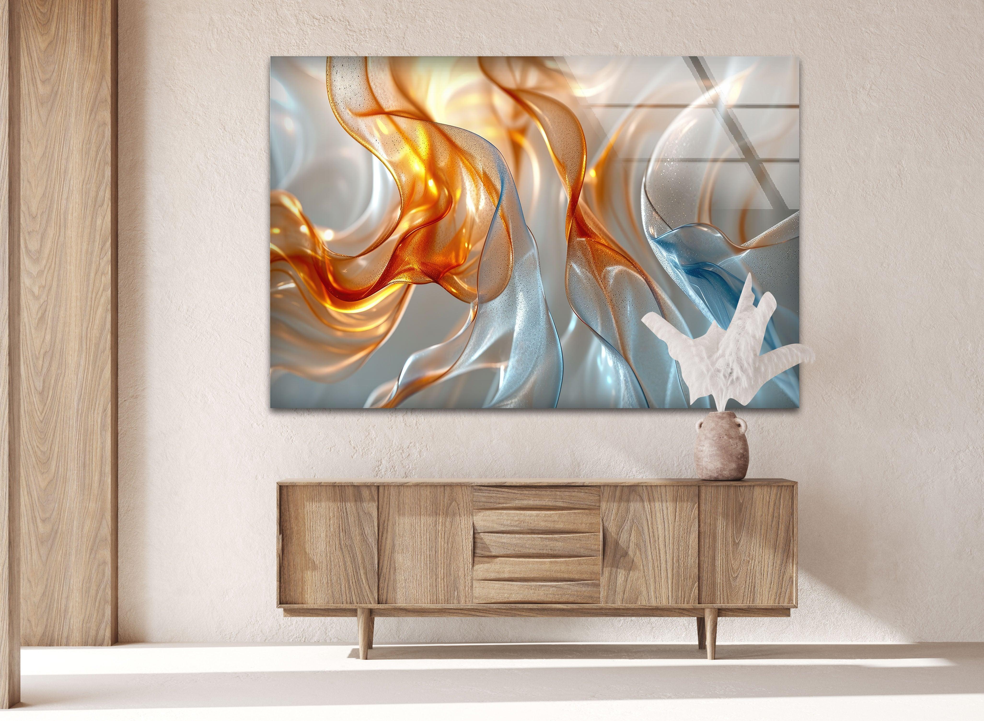 Blue and Orange Abstract Glass Wall Art - Modern Handmade Decor for Living Room, Bedroom & Office - Unique Gift Idea for Home & Interior Design