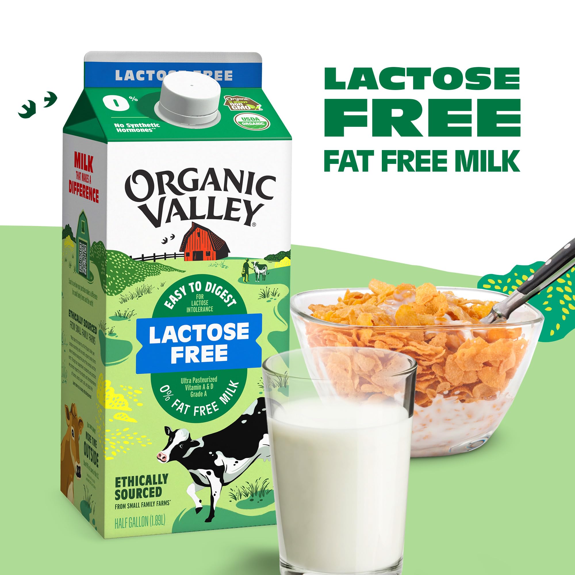 Organic Valley Fat Free Milk - Ultra Pasteurized, Lactose Free, 64 Fl Oz (Half Gallon) - Perfect for Smoothies, Coffee & Healthy Breakfasts