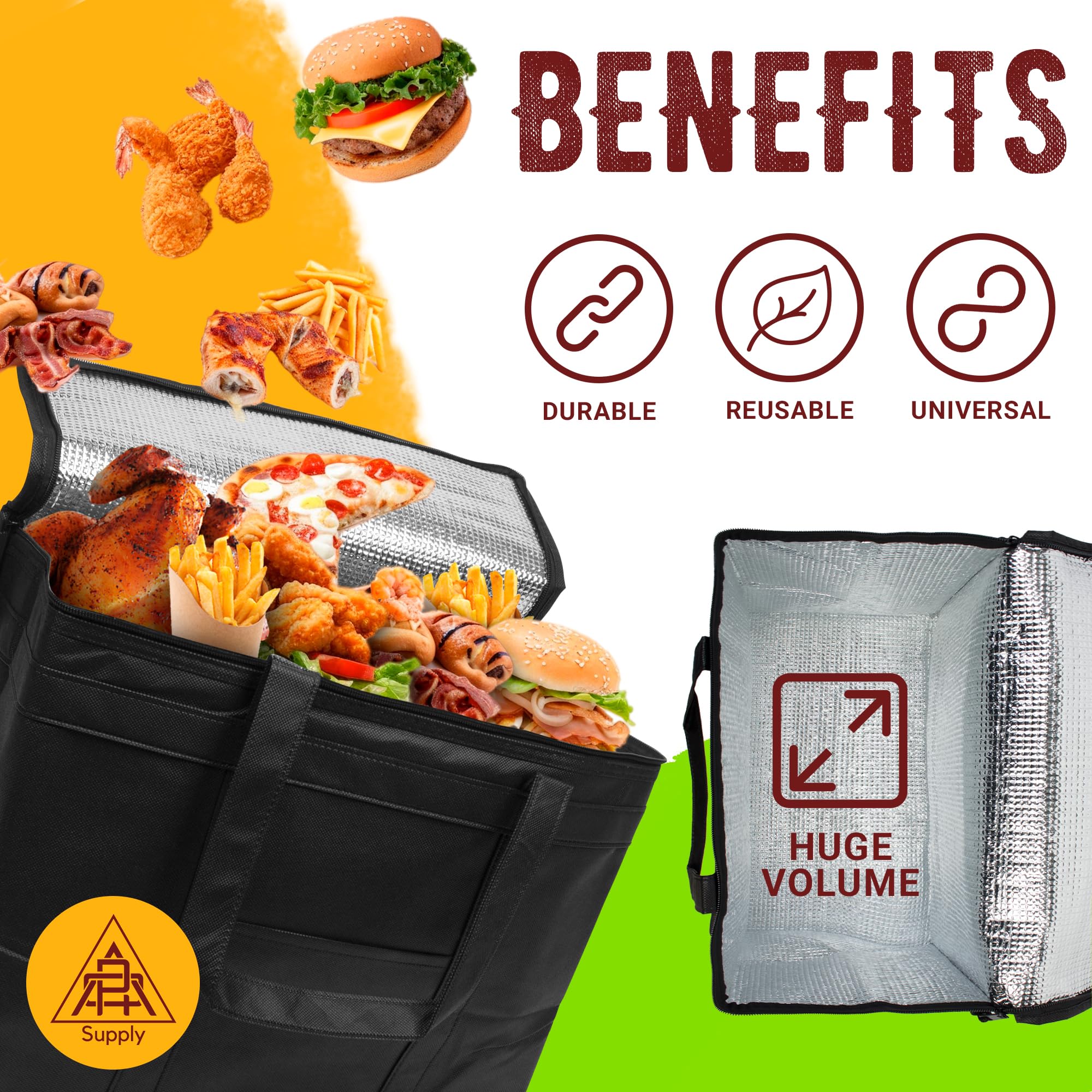 Insulated Black Food Delivery Bag with Zippered Top - Thermal Grocery & Catering Bag for Takeout, Meal Prep & Food Transportation | Perfect for Uber Eats, DoorDash & Restaurant Deliveries
