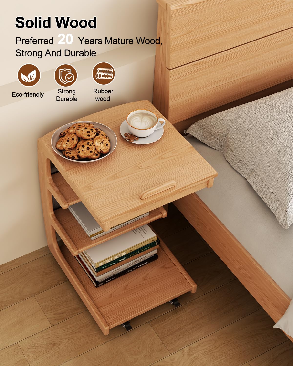 Wooden C-Shaped End Table with Lockable Wheels - 4-Tier Rolling Side Table with Storage Bag - Small Couch Desk for Living Room, Bedroom, Office - Perfect for Snacks, Laptops, Books & TV Trays (Natural)