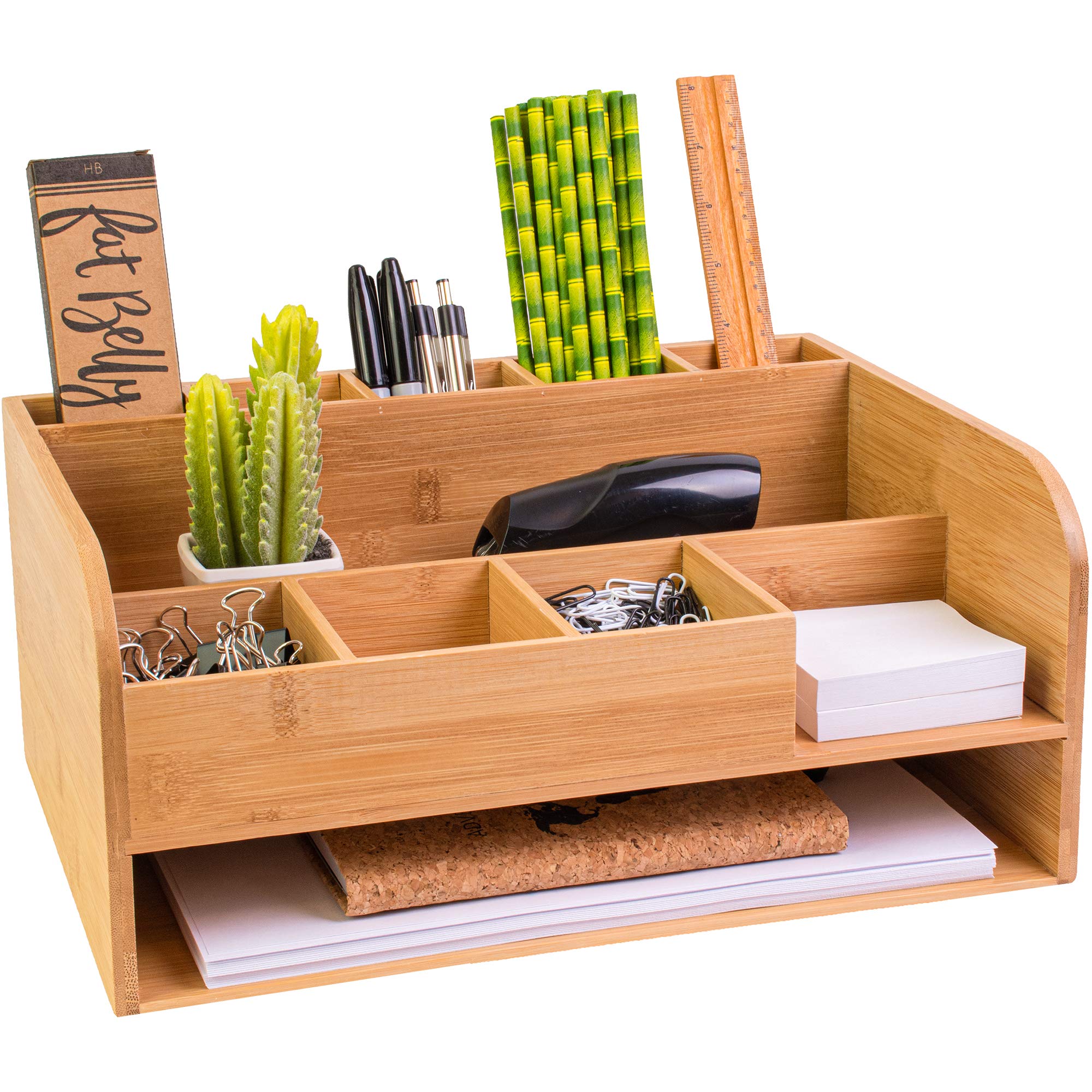 Premium Bamboo Wood Desk Organizer with File Holder - Office Supplies Storage & Desk Accessories for Home Office, Study & Workspace Organization - Perfect for Pens, Papers, Files & Stationery