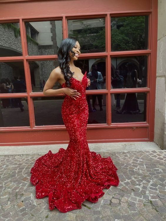 Elegant Long Red Prom Dresses with Glitter Sequin - Mermaid Evening Gown for Homecoming, Pageant & Formal Events - Style J3763