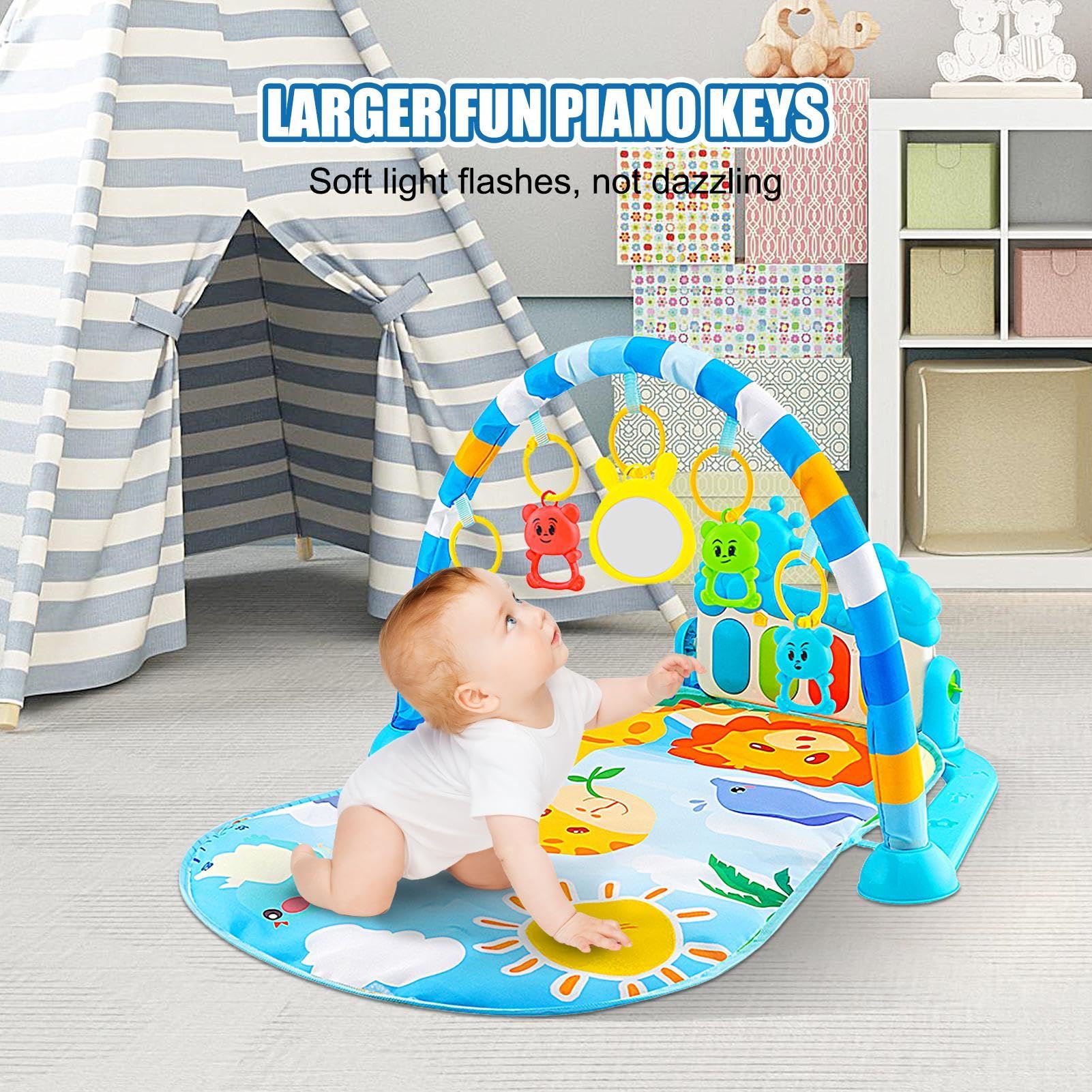 Fovolat Baby Play Mat with Music & Lights - Interactive Toddler Activity Gym with 5 Sensory Toys & Piano for Boys & Girls Ages 3-12 Months - Perfect for Tummy Time, Crawling & Early Learning Play