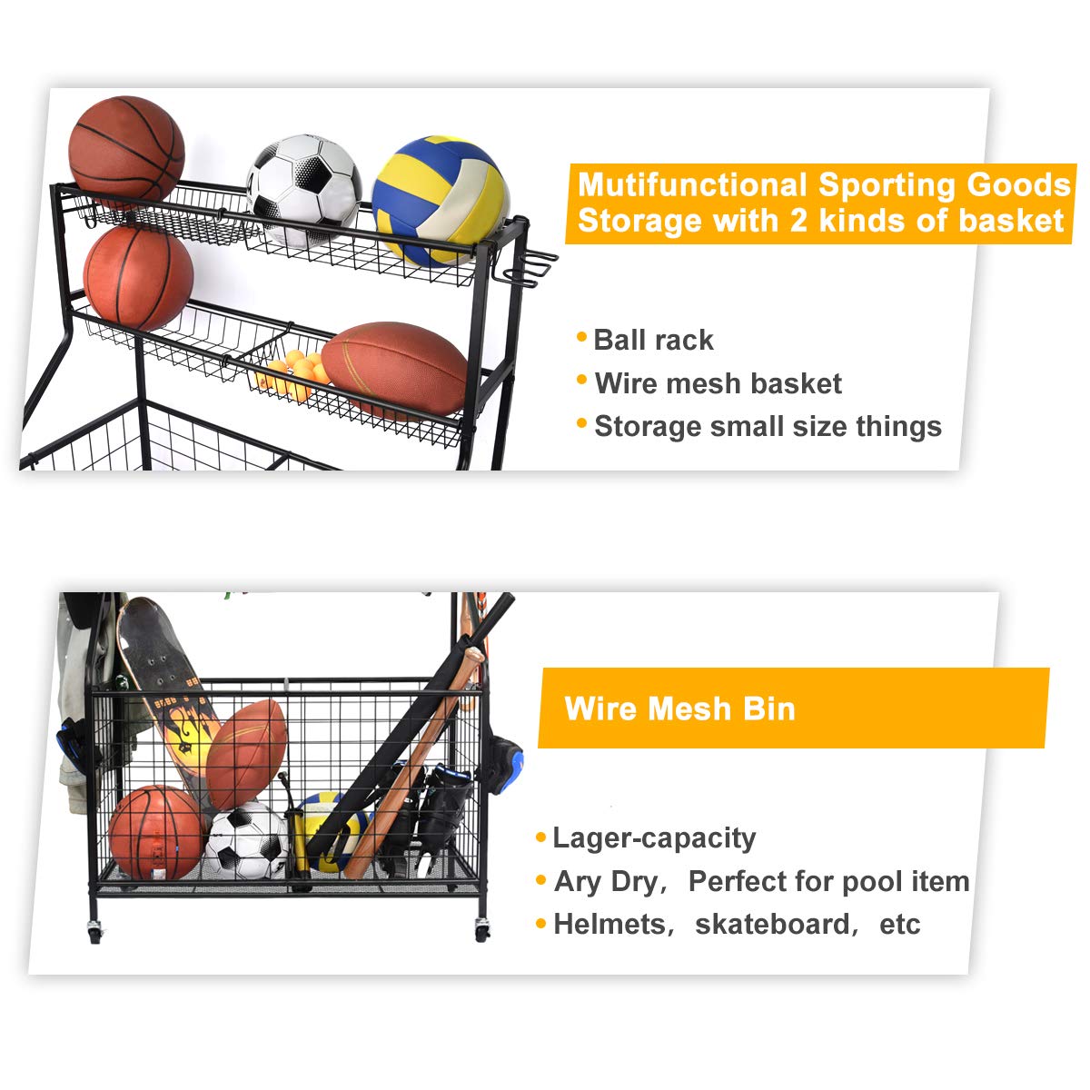 Kinghouse Steel Black Garage Sports Equipment Organizer - Ball Storage Rack & Rolling Cart for Basketball, Soccer, Football | Perfect for Garage, Basement & Backyard Organization