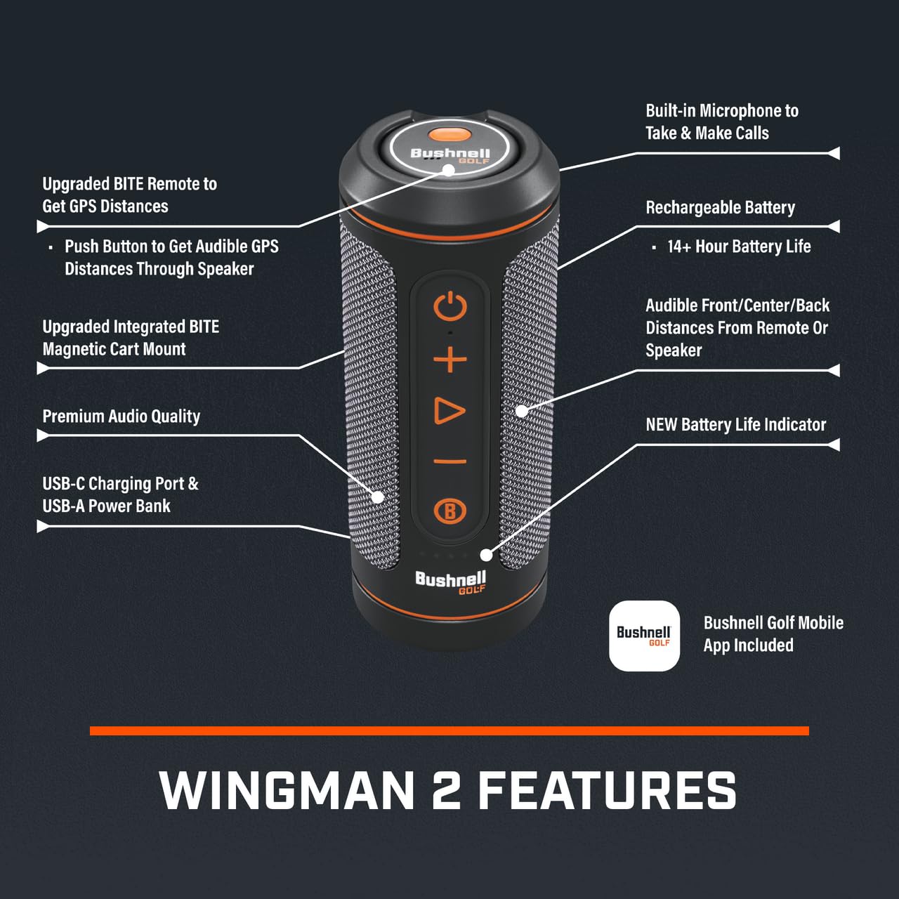 Bushnell Wingman 2 Golf GPS Speaker with BITE Magnetic Mount & Battery Indicator - Portable Bluetooth Speaker for Golfers - Includes Protective Pouch & Gift Box - Ideal for Golf Courses, Driving Range, and Outdoor Activities (Red Bow)
