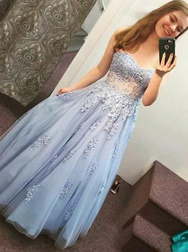 Light Blue Sheer Lace A-Line Long Evening Prom Dress 17604 | Elegant Formal Gown for Prom, Homecoming, and Special Occasions