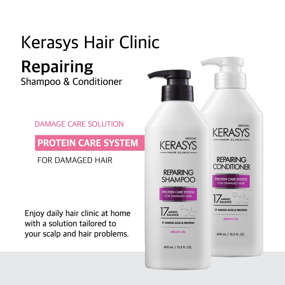 Kerasys Hair Clinic Protein Care System with Argan Oil - Damaged Hair Repair Shampoo & Conditioner Set (20.2 fl oz / 600 ml) - Deep Hydration for Dry, Brittle Hair - Salon Quality Treatment at Home