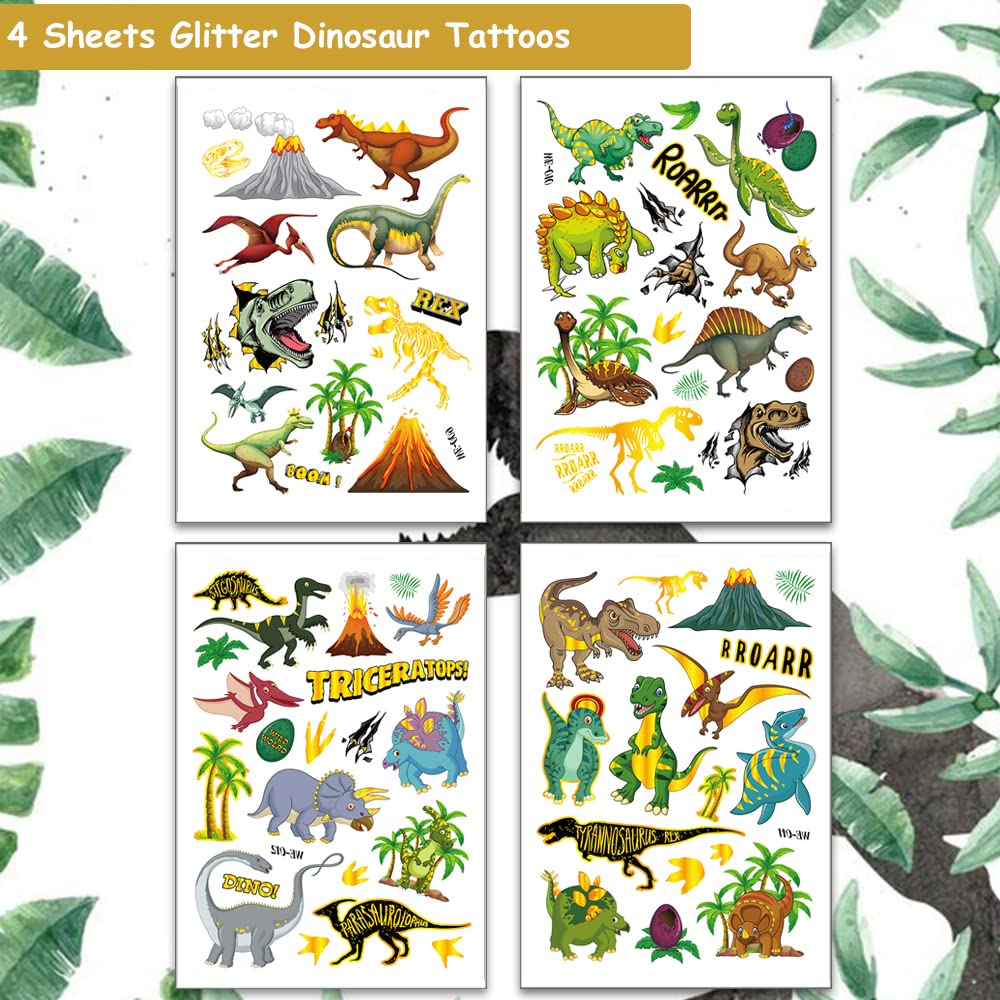 Glitter Dinosaur Temporary Tattoos for Kids - 50 Unique Dino Fake Tattoos for Boys & Girls, Birthday Party Favors, Baby Shower Supplies - Perfect for Costume Parties, Themed Events & Kids' Activities