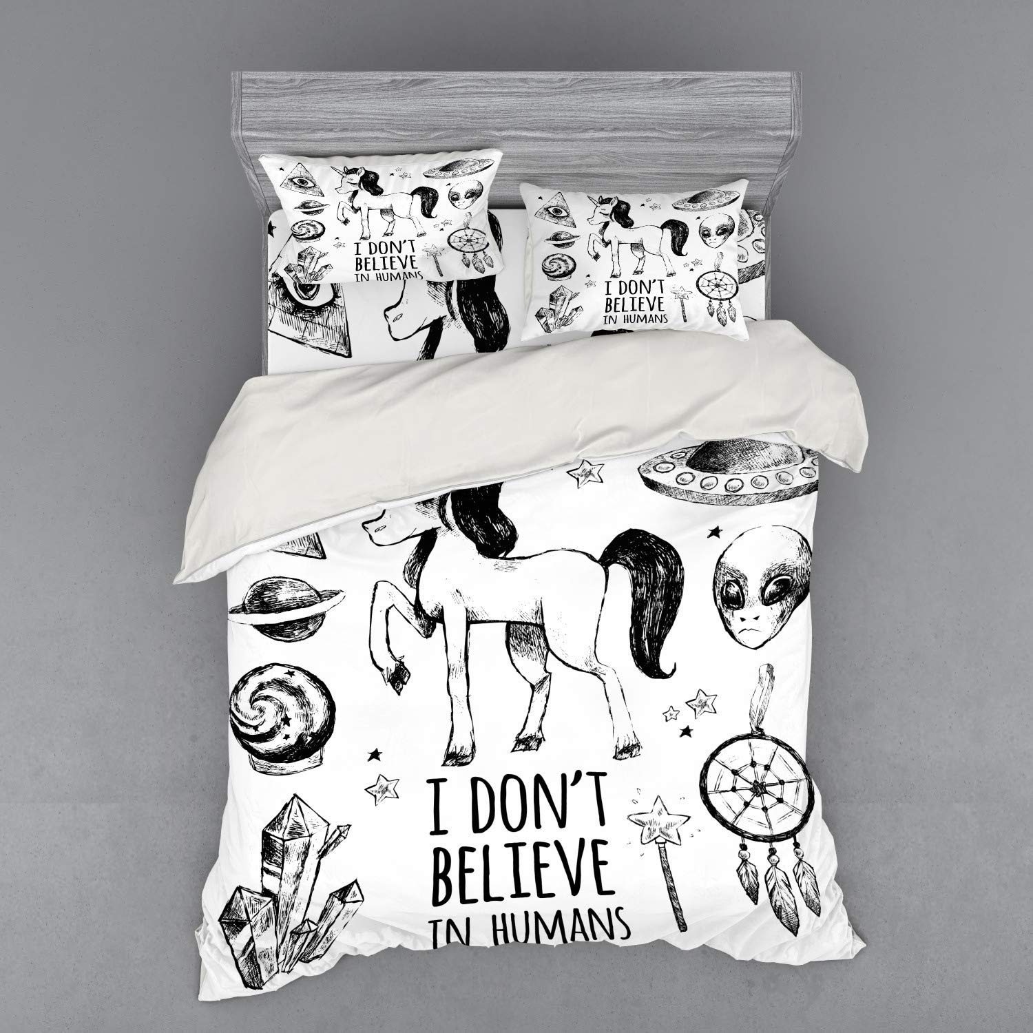 Ambesonne Unicorn Bedding Set - 3 Piece Duvet Cover Set with Sham & Fitted Sheet, Queen Size, Black - Unique I Don't Believe in Humans Art with Pyramids, Aliens, Dreamcatcher & Planets Grunge Print - Perfect for Fantasy Themed Bedrooms, Teen Rooms & Gift Ideas
