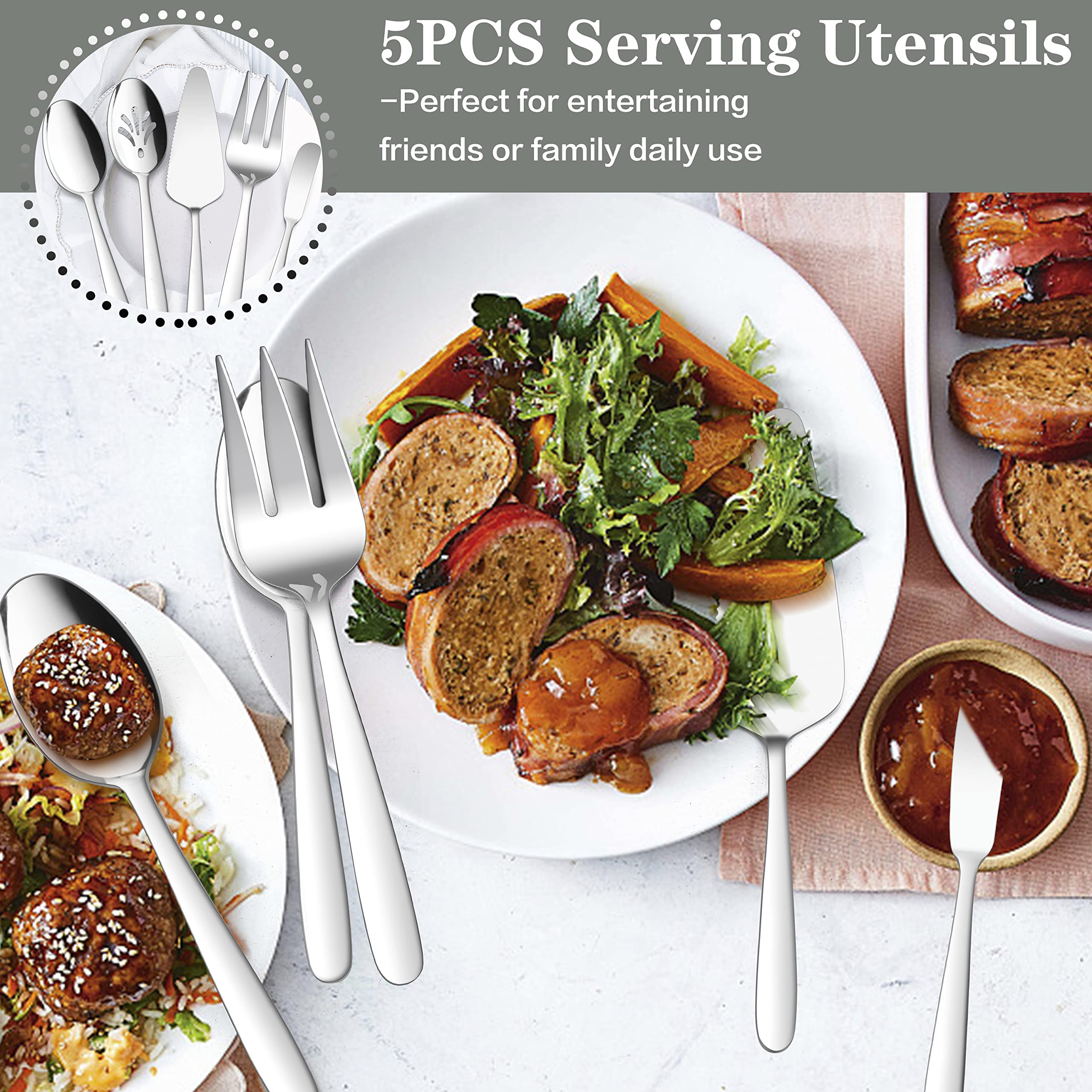 Premium 53-Piece Stainless Steel Flatware Set for 8 - Heavy Duty Silverware with Steak Knives & Serving Utensils, Mirror Finish & Dishwasher Safe - Perfect for Dinner Parties, Restaurants, and Everyday Dining