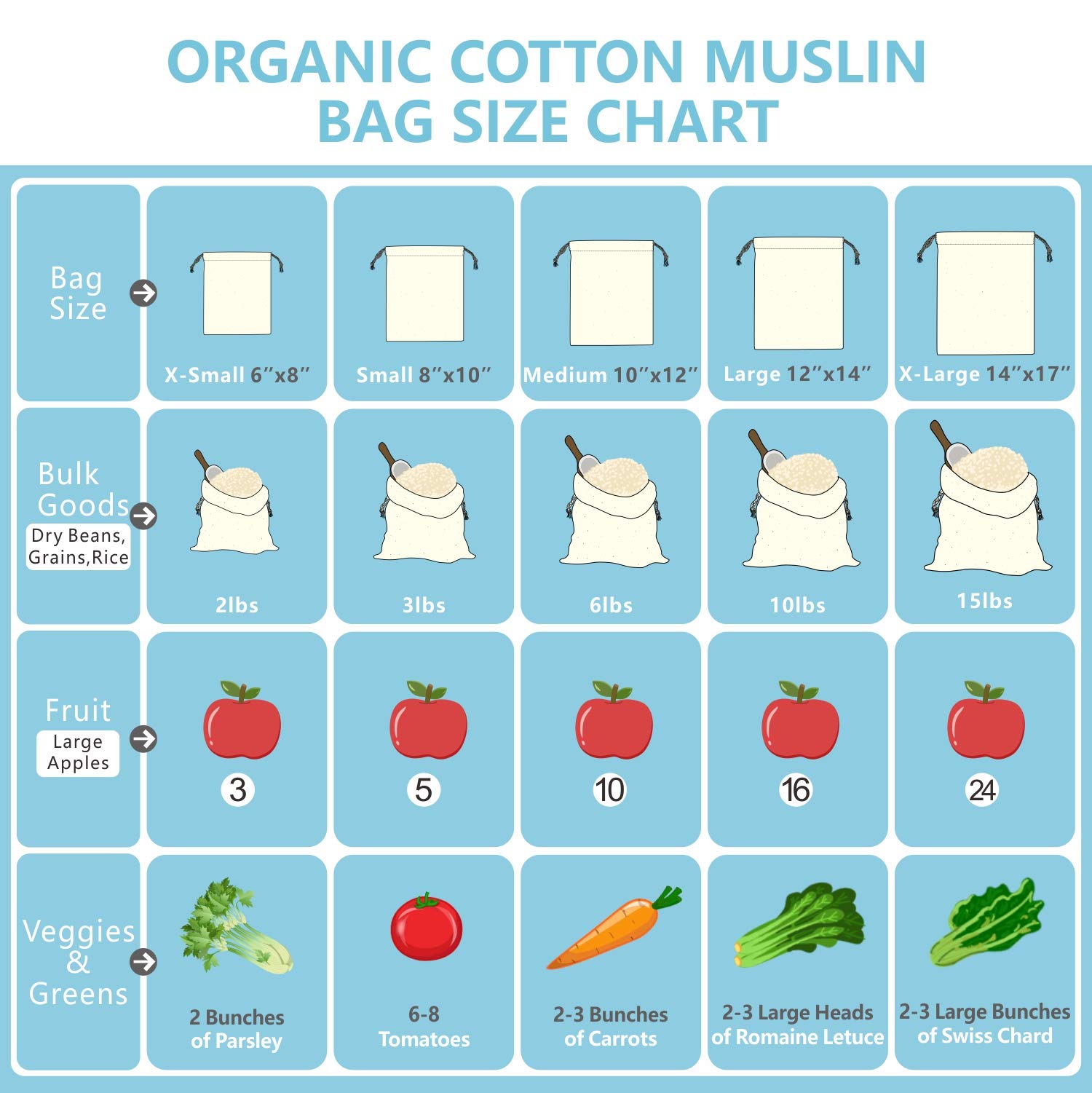 TOPDesign 6-Pack 14” x 17” Reusable Cotton Produce Bags - Eco-Friendly Muslin Shopping Bags with Drawstring for Groceries, Fruits & Vegetables Storage - 100% Natural, Washable & Biodegradable Food Safe Bags - Perfect for Farmers Market, Bulk Shopping & Zero Waste Lifestyle