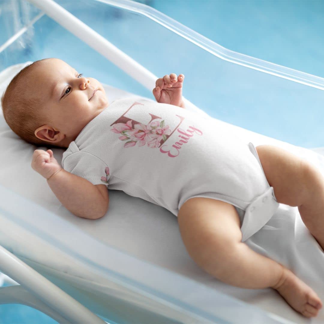 Personalized Baby Bodysuit for Girls 0-3 Months - Soft Pink Floral Short Sleeve Onesie | Newborn Baby Shower Gift, Cute Outfit for Daily Wear, Photo Shoots & Special Occasions