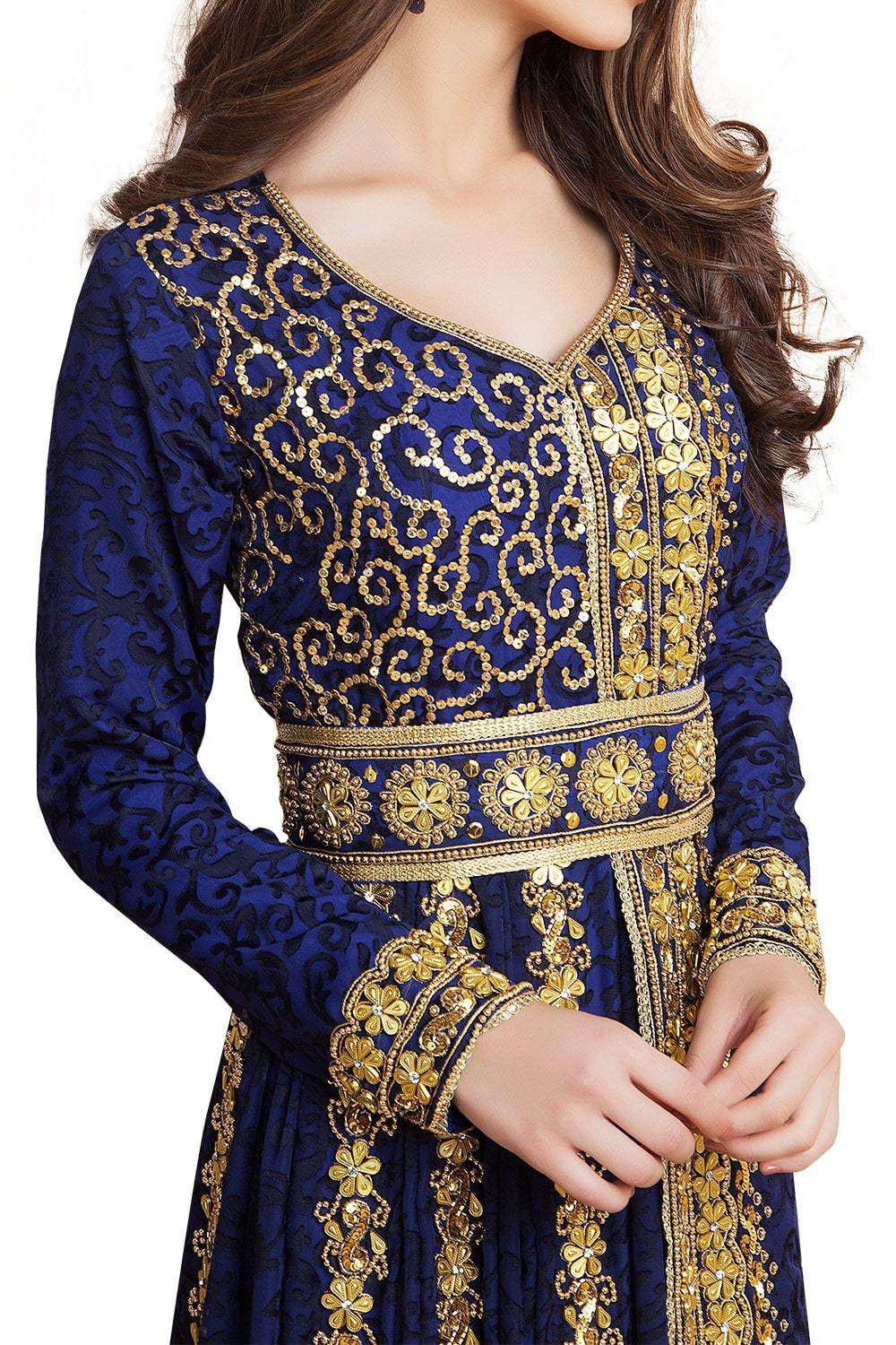 Elegant Blue Beaded Caftan Dress for Women - Full Sleeve Party Wear with Black Beading - Perfect for Evening Parties, Weddings & Special Occasions
