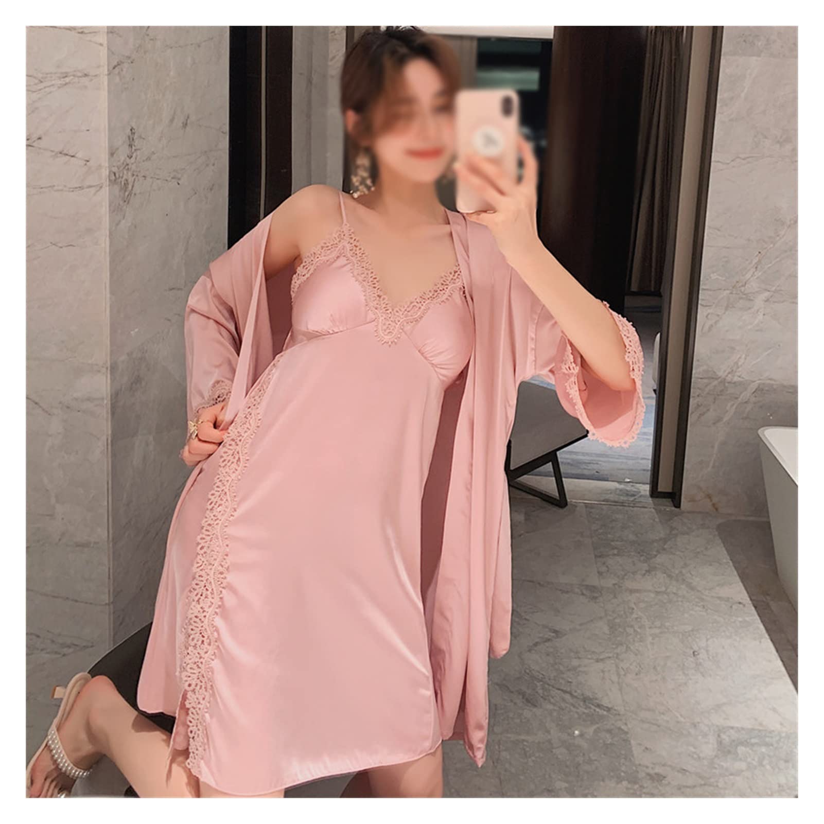MMAXZ 2-Piece Sexy Ice Silk Women's Pajama Set with Wedding-Style Ribbon & Lace Trim - XXL Sleepwear for Bridal Shower, Honeymoon & Romantic Nights (Color A)