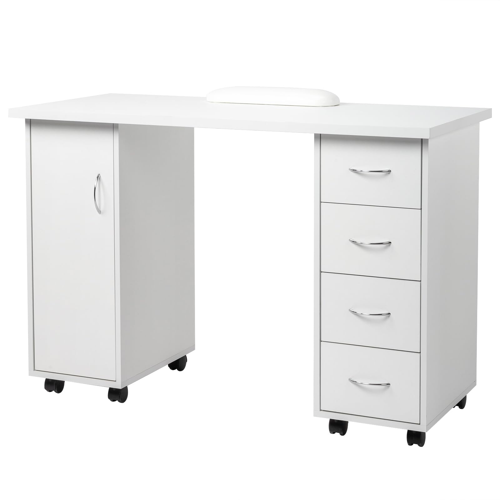 Professional Manicure Nail Desk for Salon Technicians - Acetone Resistant Wooden Nail Table Station with Storage Cabinet, Drawers, Adjustable Wheels & Wrist Pad - Perfect for Spa, Nail Salon & Home Use (White)