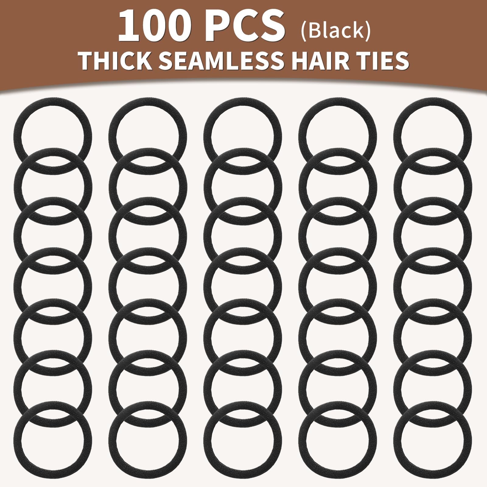 100 Count Extra Thick 5CM Black Hair Ties - Bulk Elastic Hair Bands for Thick Heavy Hair, Seamless Hair Accessories for Women & Girls, Ponytail Holders (Black) - Perfect for Workouts, Yoga, Office & Everyday Styling