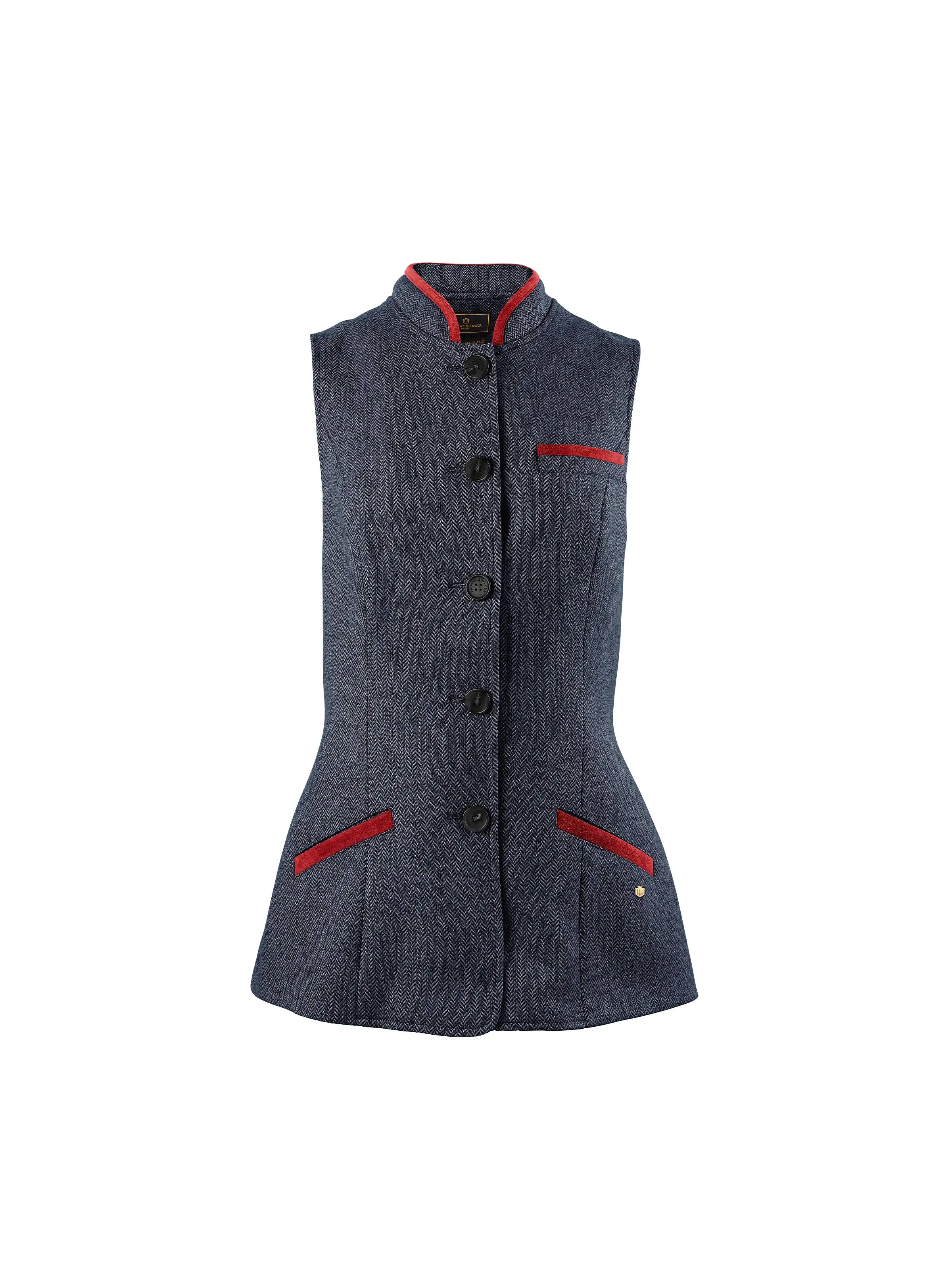 Madeline Gilet Vest for Women - Red & Navy Herringbone Pattern - Lightweight Layering Piece for Fall & Winter Fashion