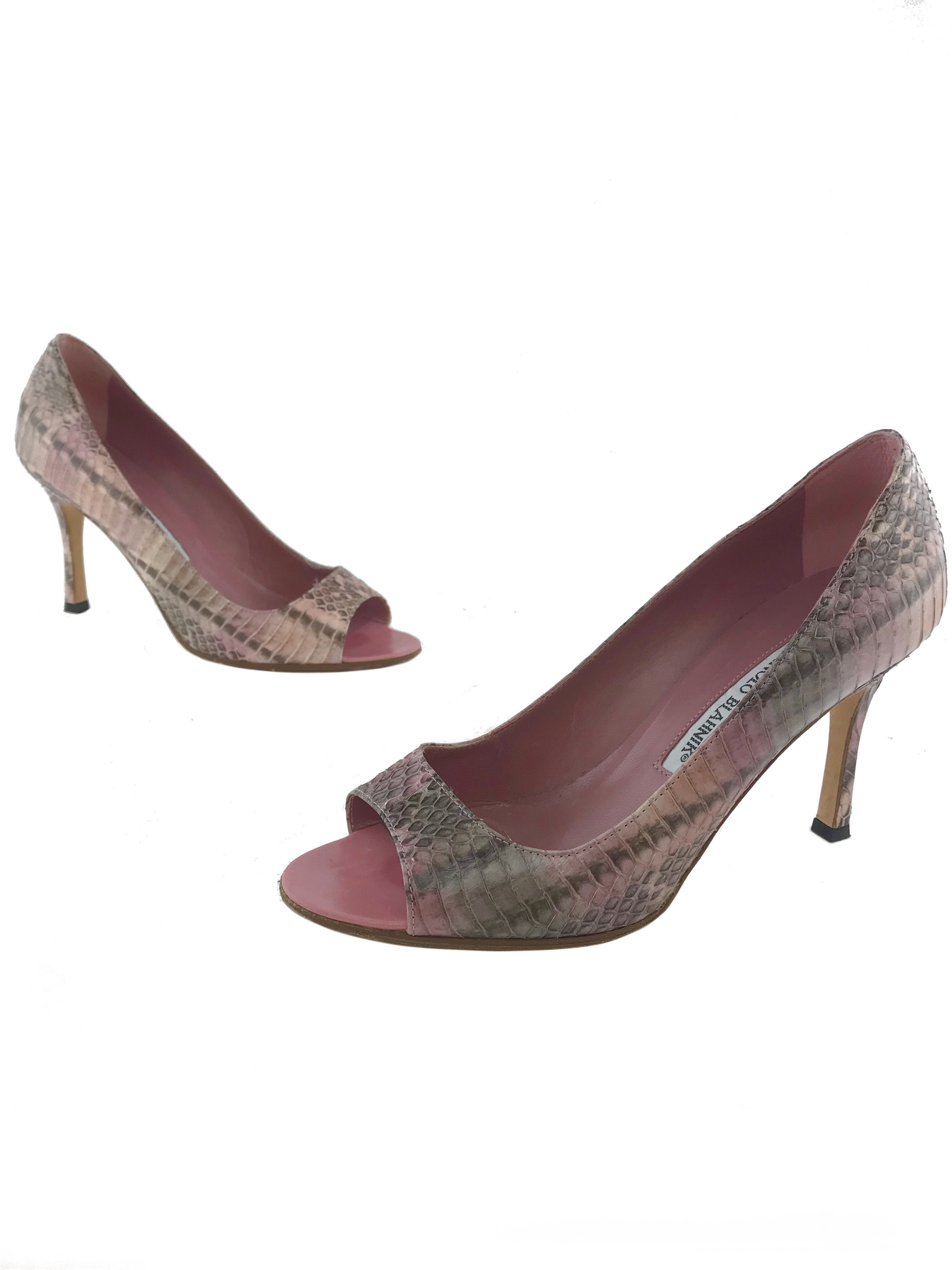 Manolo Blahnik Python Leather Peep-Toe High Heel Pumps Women's Size 7 - Elegant Evening Shoes for Parties, Weddings & Special Occasions