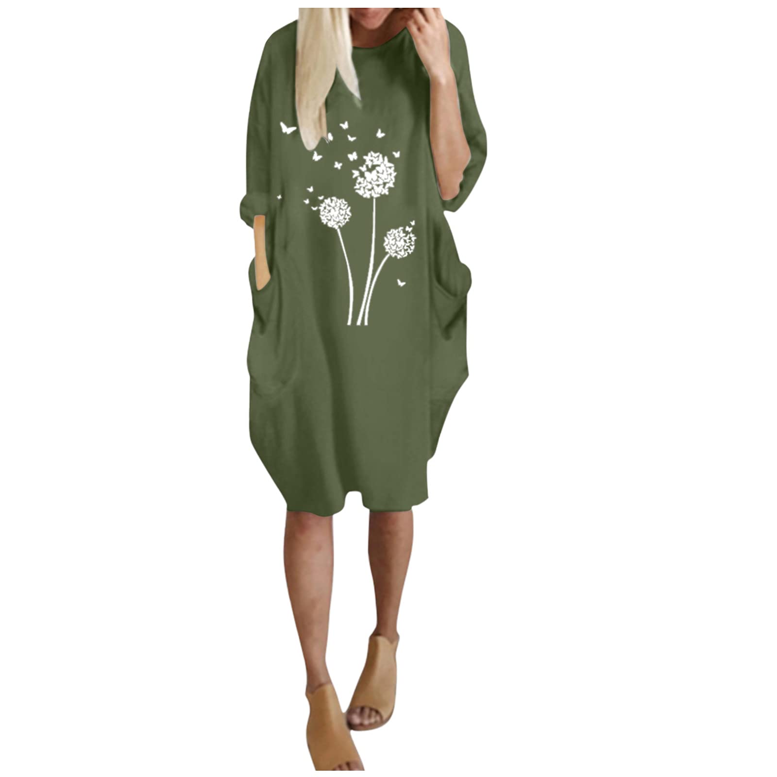 Women's Floral Print Loose Fit Long Sleeve Pocket Midi Dress - Casual O-Neck Tunic for Everyday Wear, Office, Date Night & Spring Outfits