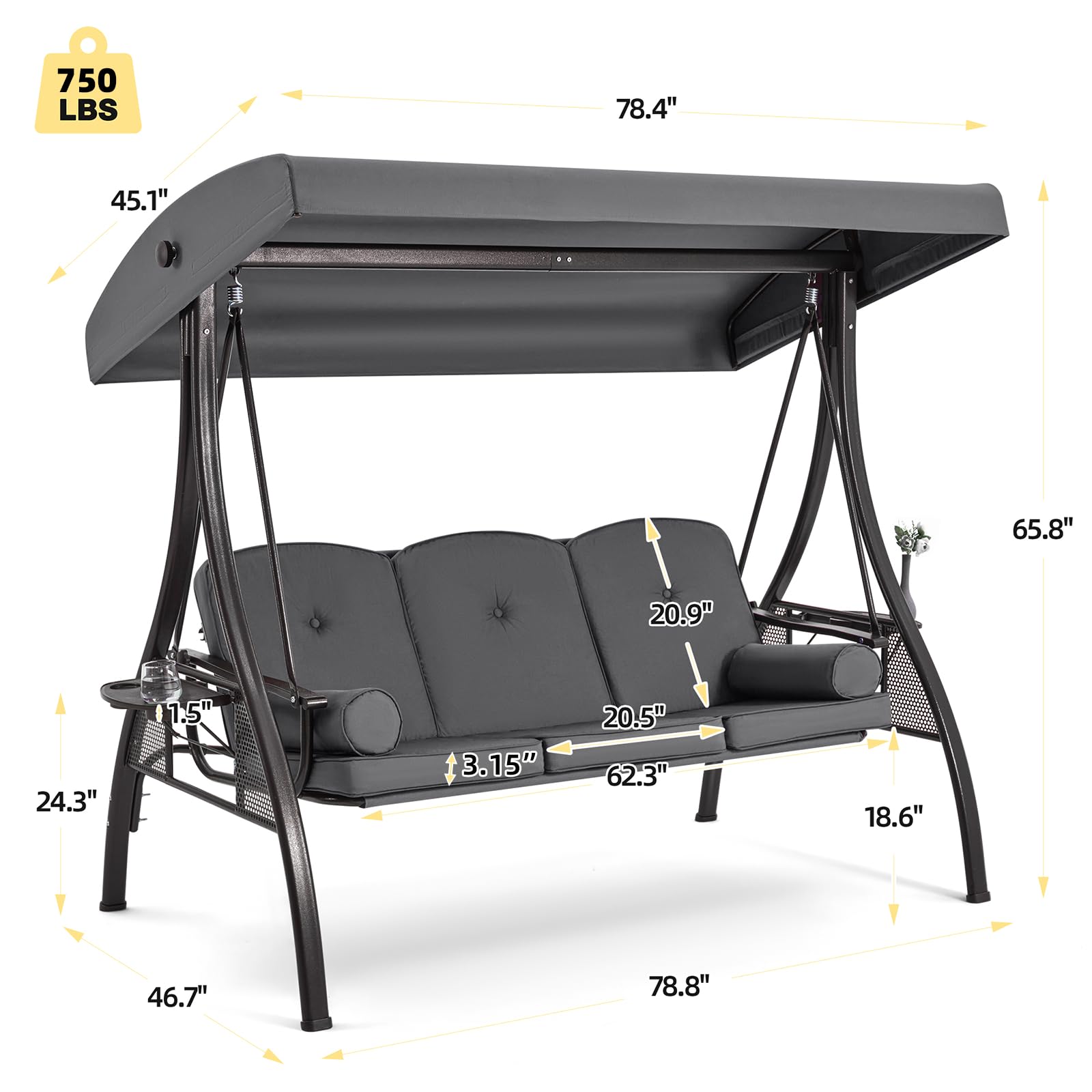 HOMREST 3-Person Outdoor Porch Swing with 1.5
