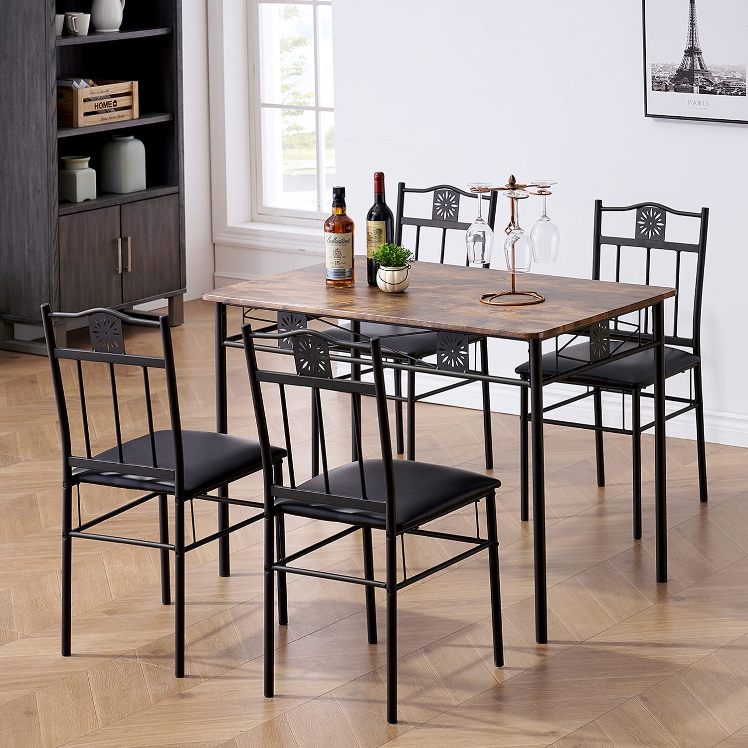VECELO 5-Piece Retro Brown Kitchen Dining Table Set with 4 Chairs - Metal & Wood Rectangular Breakfast Nook for Small Spaces - Perfect for Apartments, Condos, and Cozy Family Meals
