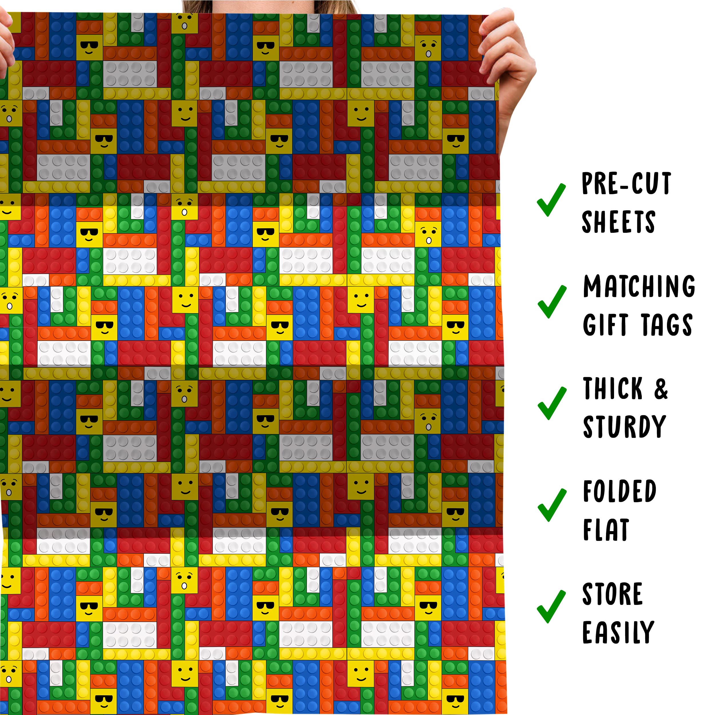 Colorful LEGO Building Blocks Wrapping Paper - 6 Sheets Gift Wrap for Kids, Birthday & Christmas Presents - Includes Fun Stickers - Perfect for Party Favors, Holiday Gifts & DIY Crafts