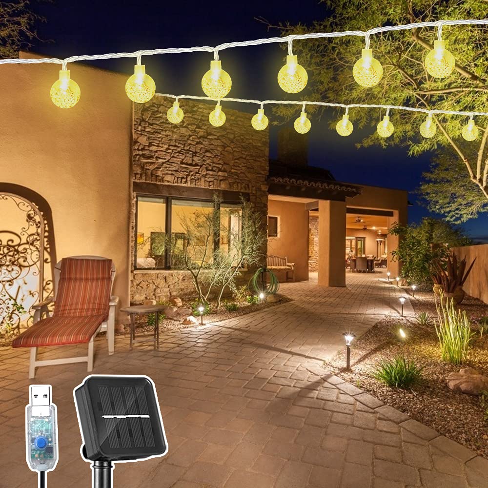 Solar Powered Outdoor String Lights - 22.3FT 40 LED Crystal Globe Fairy Lights with 8 Lighting Modes, USB/Wireless Charging, Warm White - Perfect for Garden, Backyard, Patio, Wedding & Party Decorations