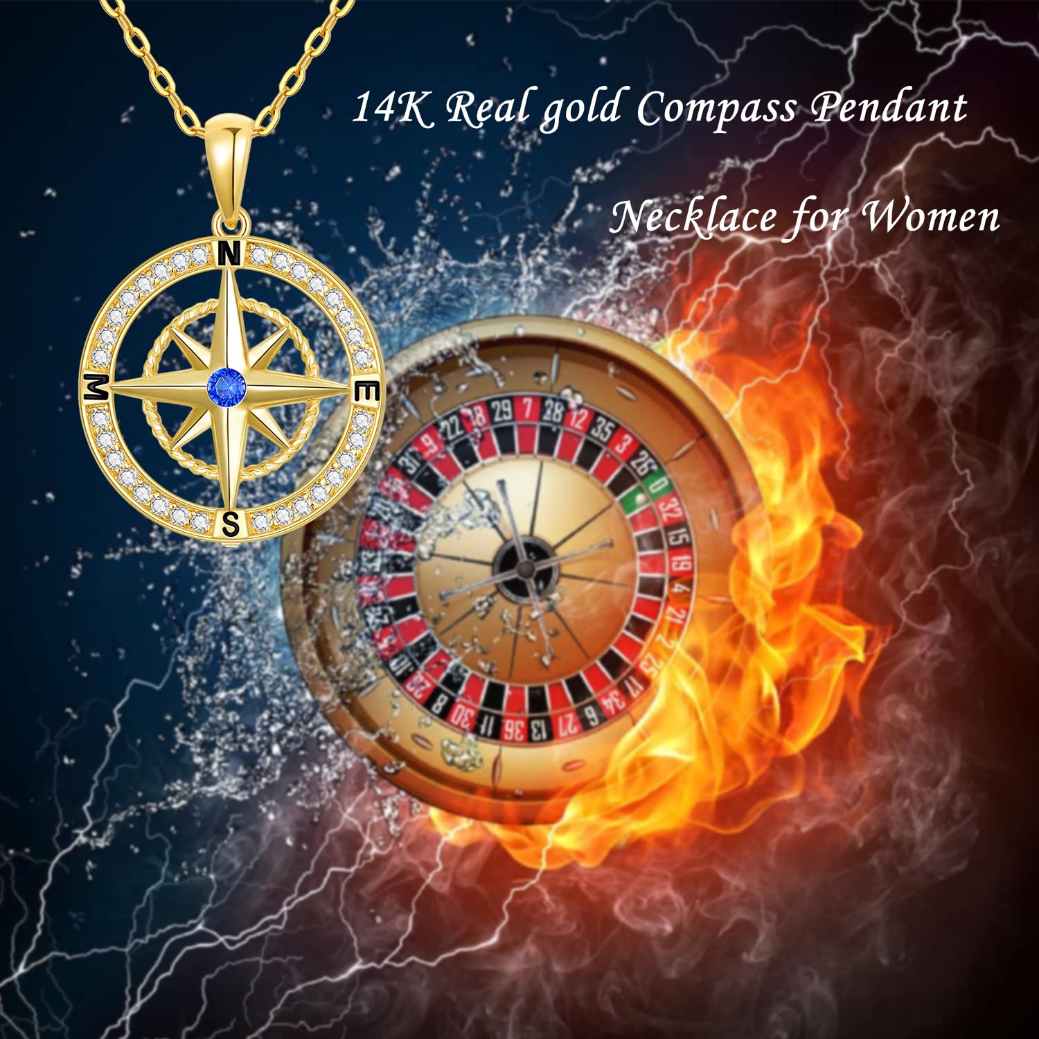 14K Real Gold Compass Pendant Necklace for Women - Dainty Yellow Gold Small Compass Necklace with Cubic Zirconia | Perfect Graduation Gift, Birthday Present for Wife & Mom | 16+2 Inch Chain | Elegant Everyday Jewelry & Special Occasion Accessory