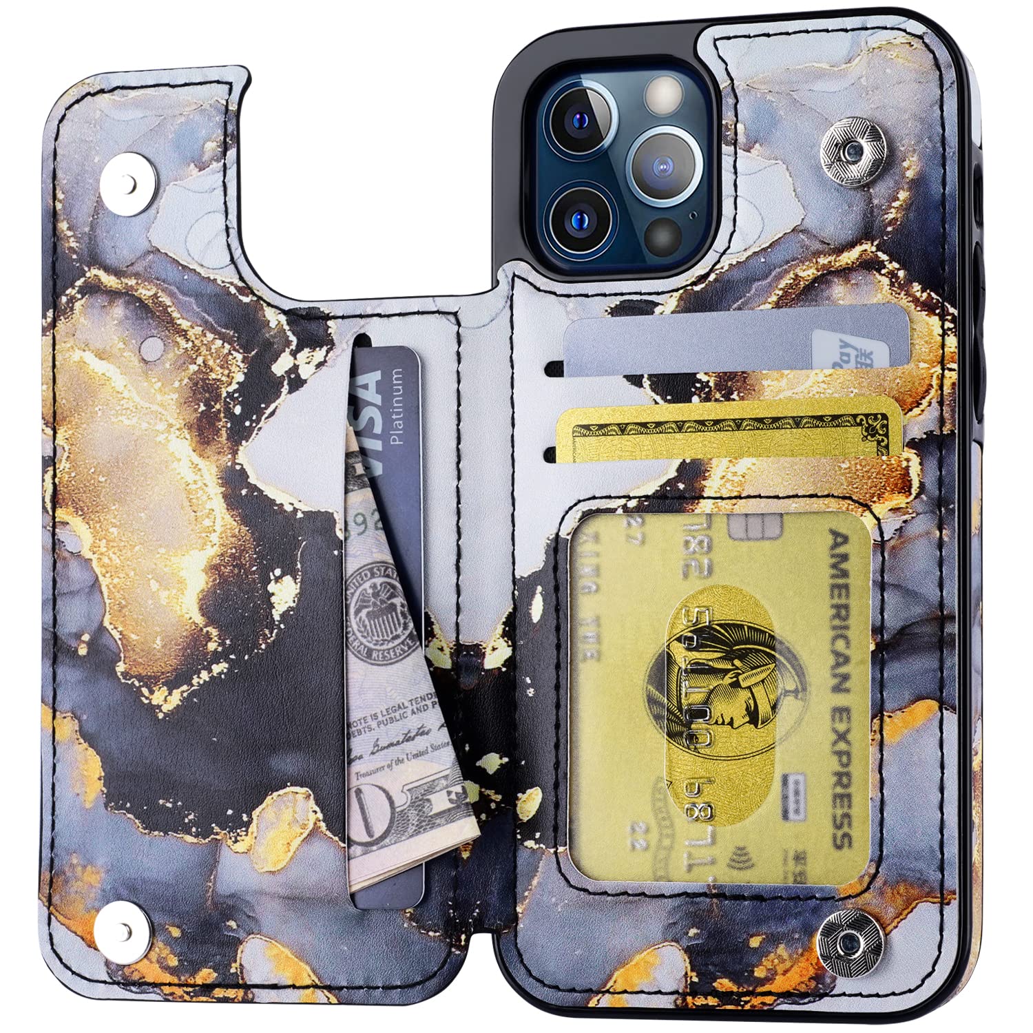 Premium PU Leather iPhone 12 Wallet Case with Card Holder - Luxury Flip Folio Shockproof Cover for iPhone 12/12 Pro - Black Marble Design - Perfect for Business, Travel & Everyday Protection