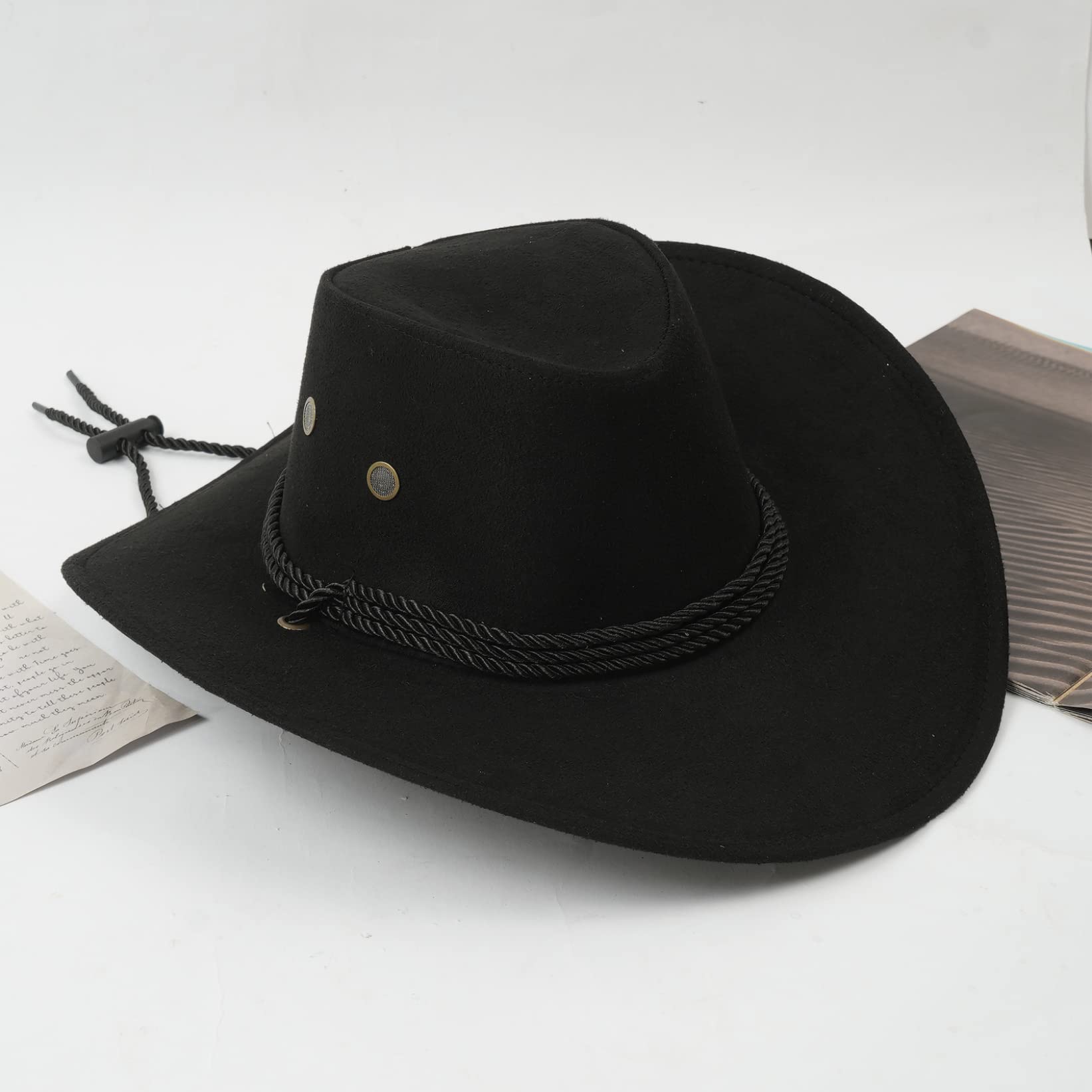 Men's & Women's Western Cowboy Hat - Flat Top Wide Brim Cowgirl Hat for Outdoor Riding, Travel & Country Style - Adjustable Drawstring (Black) | Perfect for Rodeo, Horseback Riding, Music Festivals & Country Themed Parties