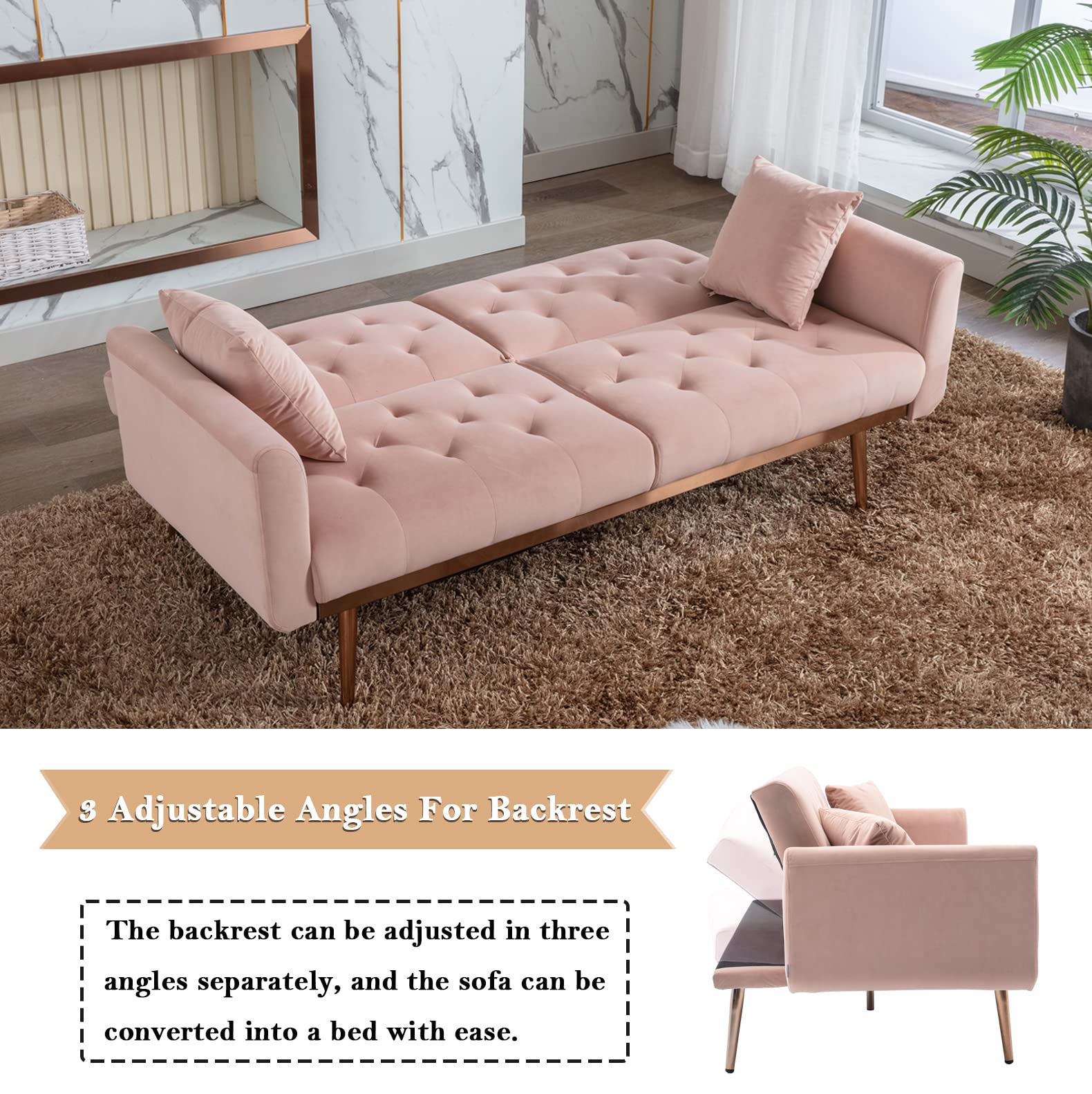 Antetek Velvet Futon Sofa Bed - 3 Adjustable Positions, Small Sleeper Sofa Loveseat with 2 Decorative Pillows, Modern Convertible Couch with 5 Metal Tapered Legs - Pink Velvet Upholstered Furniture for Living Room, Guest Room & Small Spaces