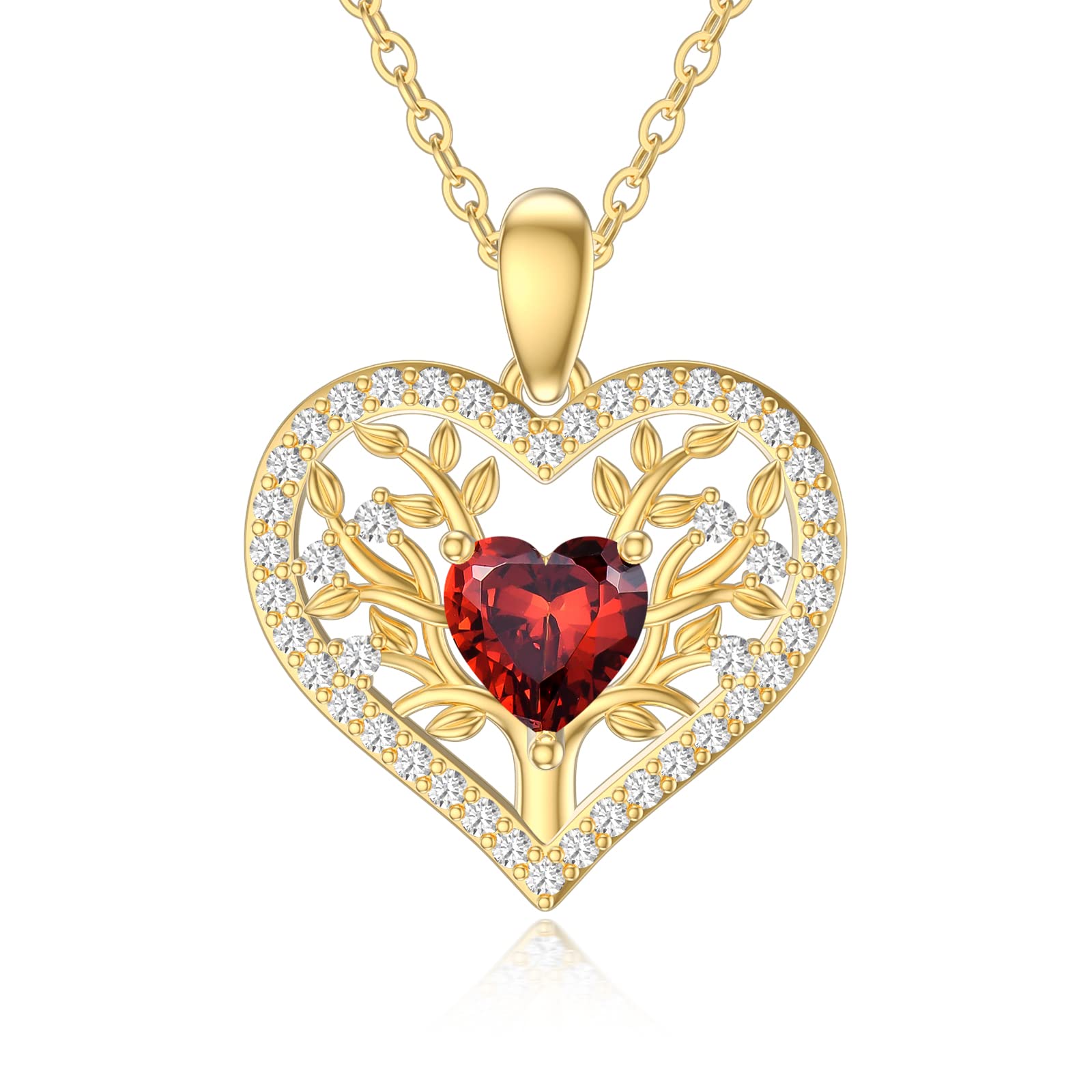 14K Real Gold Tree of Life Necklace for Women - Yellow Gold Family Tree Pendant with Garnet Heart - 16+1+1 Inch - Elegant Jewelry Gift for Birthday, Christmas, Anniversary - Perfect for Special Occasions, Date Nights & Family Gatherings
