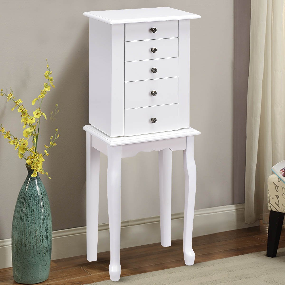 GOFLAME Wooden Jewelry Cabinet Armoire with Full-Length Mirror - 5 Drawers & 2 Doors Jewelry Storage Organizer, Large Standing Jewelry Box for Necklaces, Rings & Accessories - Perfect for Bedroom, Closet or Dressing Room (White)