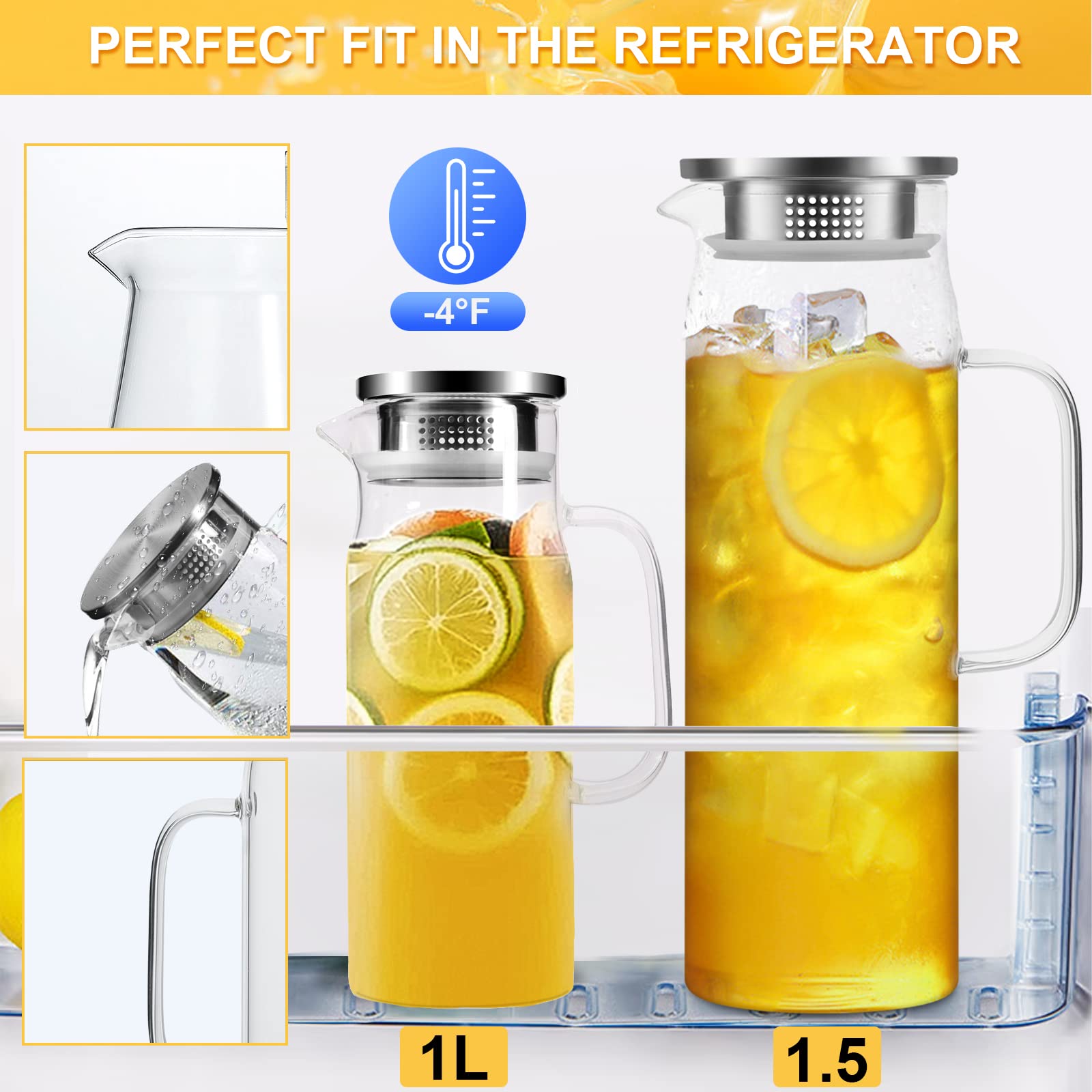 Yirilan 1.5L Borosilicate Glass Pitcher with Lid - Heat Resistant Iced Tea & Water Carafe with Handle - Perfect for Serving Beverages, Cocktails, and Lemonade at Parties, BBQs, and Family Gatherings