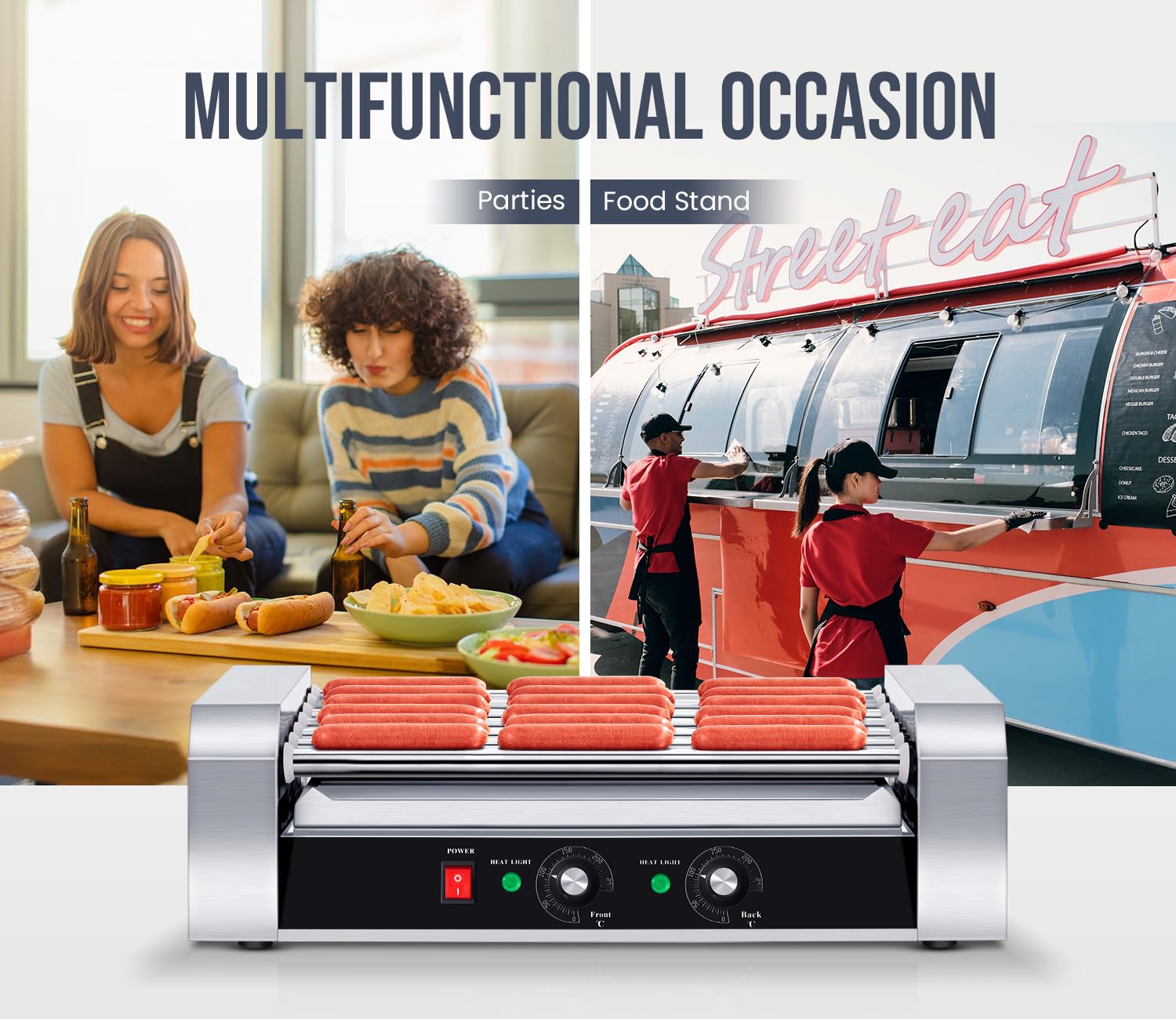Commercial Grade SYBO Hot Dog Roller - 18 Hot Dog 7 Roller Grill Cooker Machine with Removable Stainless Steel Drip Tray, 1000-Watts - Perfect for Restaurants, Food Trucks, and Outdoor Events