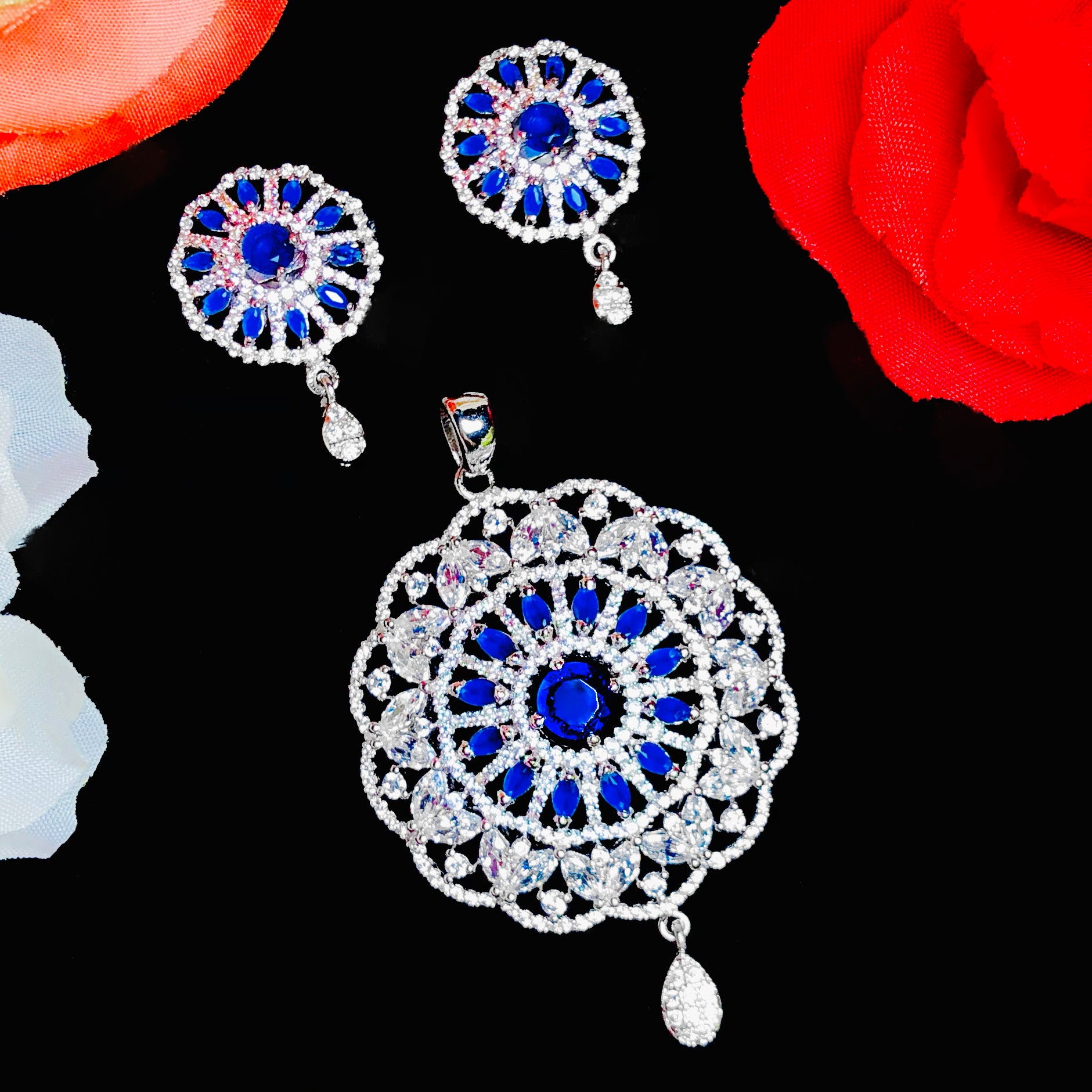 American Diamond Semi-Precious Sapphire Blue Pendant Necklace Set (Design 18) - Elegant Jewelry Gift for Women, Perfect for Weddings, Parties & Special Occasions