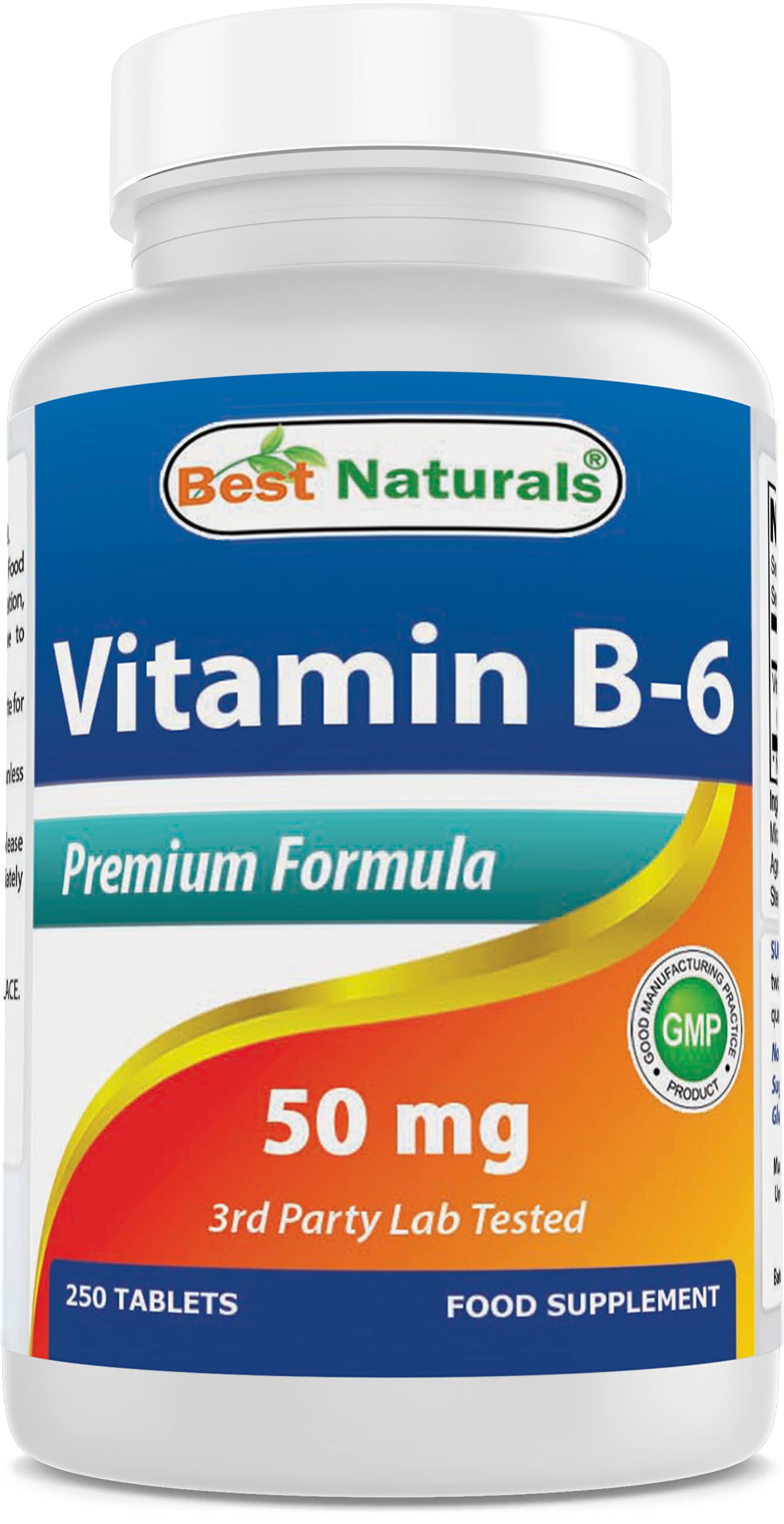 Best Naturals Vitamin B6 50mg - 250 Tablets | Supports Energy, Metabolism & Nervous System | Daily Supplement for Adults & Seniors | Non-GMO & Gluten Free