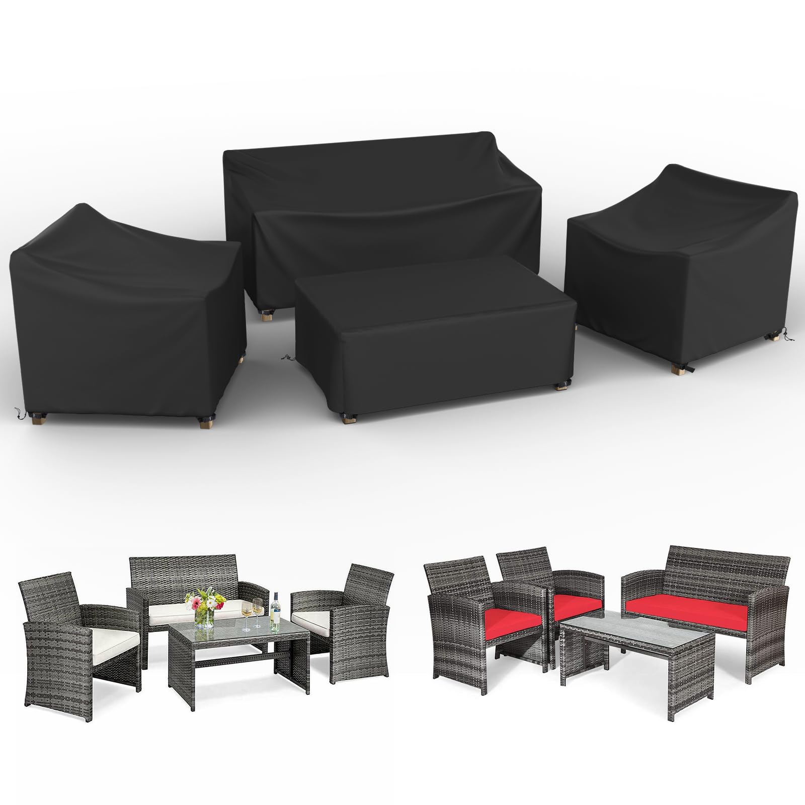 **600D Heavy Duty Waterproof Patio Furniture Cover Set - 4 Piece Outdoor Sectional Table & Chair Protection, Black (Large) - Perfect for Lawn, Garden & Backyard Use**