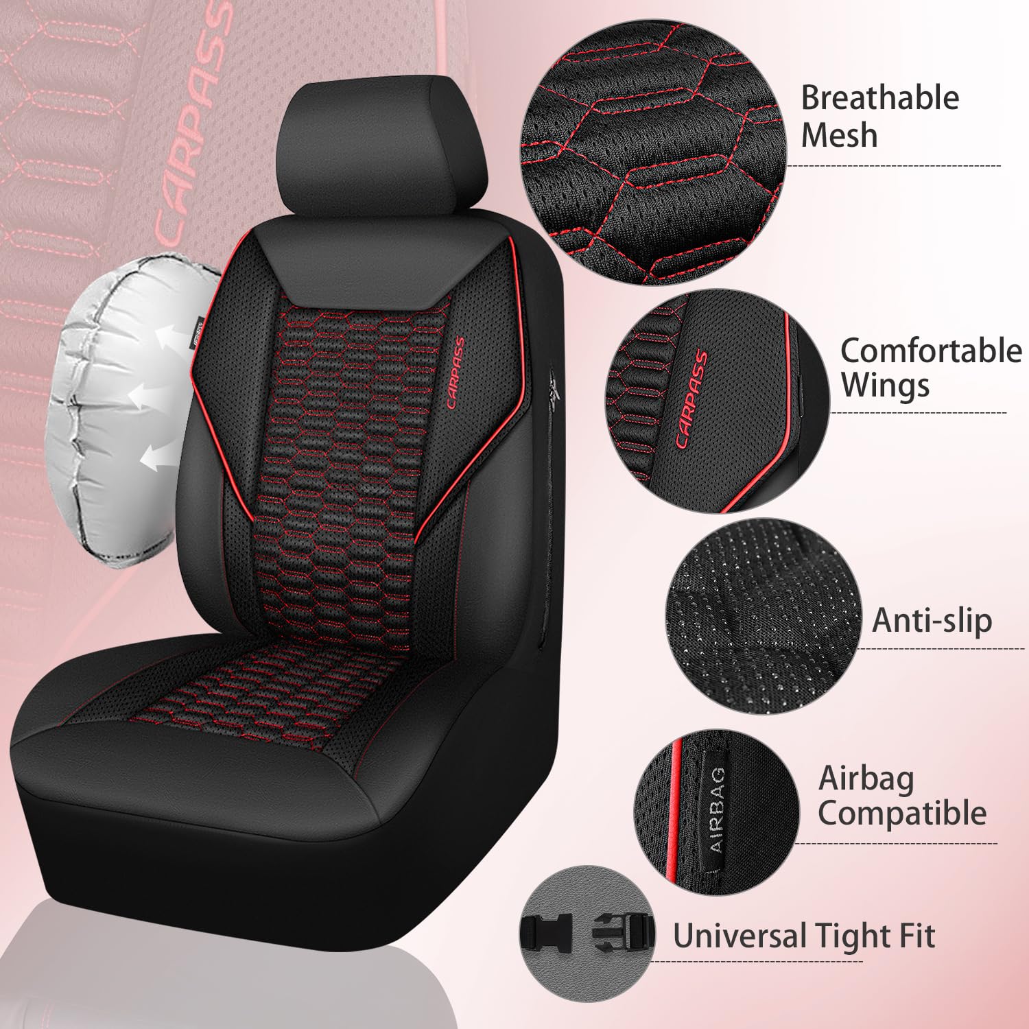 3D Foam Mesh Leather Car Seat Covers - Universal Fit for SUV, Truck & Sedan - Air Cool Front Seat Covers with Armrest & Airbag Compatibility (Black & Red) - Perfect for Summer Driving & Long Road Trips