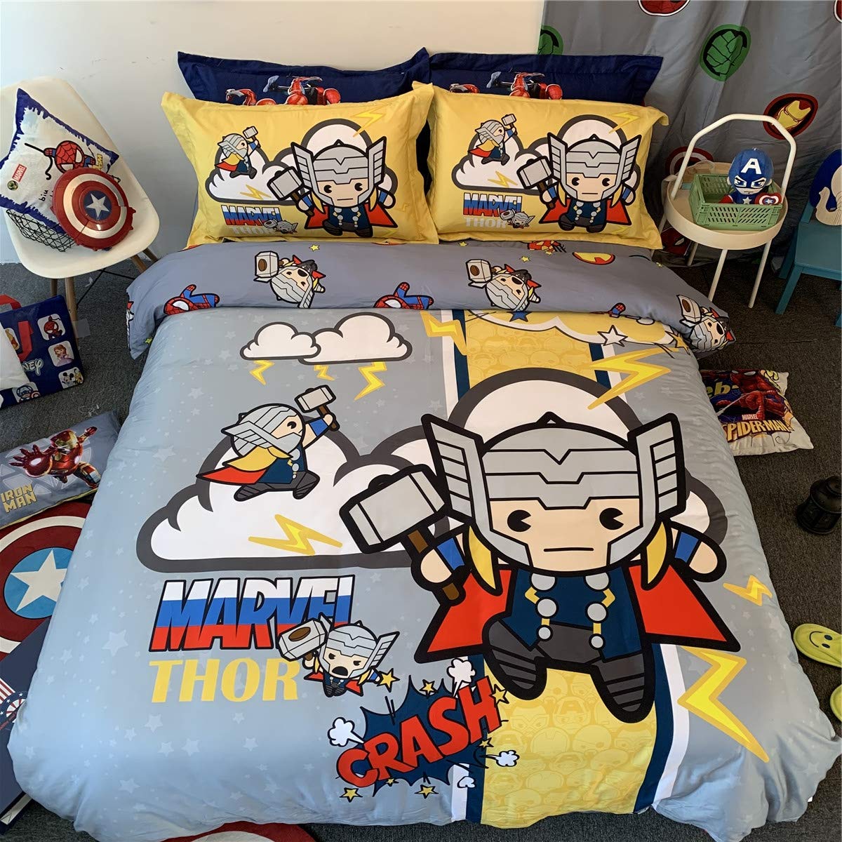 Marvel Avengers Thor Cartoon Bedding Set for Kids - 100% Cotton Duvet Cover, Pillowcases & Fitted Sheet - 4 Piece Queen Size - Superhero Themed Bedroom Decor for Boys & Girls - Perfect for Kids' Rooms, Sleepovers & Themed Birthday Parties