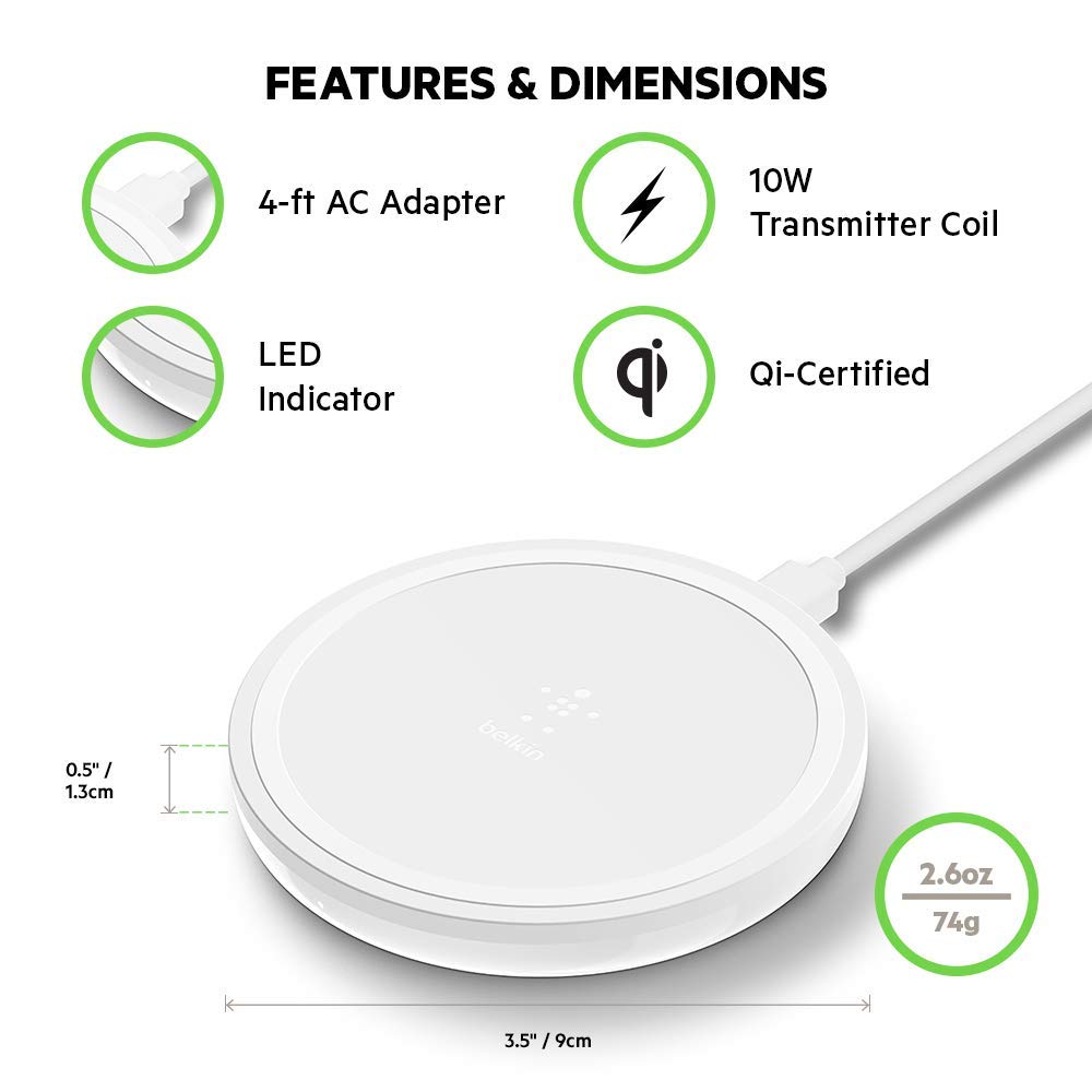 Belkin 10W Fast Wireless Charger Pad - Qi Certified Charging Station for iPhone 11/12/13/14 Series, Samsung Galaxy S10/S20/S21/S22, Note10/20 & AirPods | Perfect for Bedside, Office & Car Use