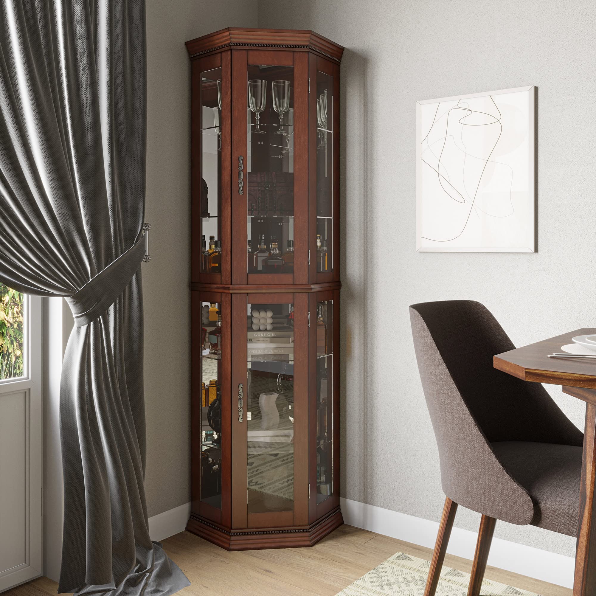 BELLEZE Lighted Wooden Corner Display Curio Cabinet with Tempered Glass Doors - 2 Section Shelving Unit with 6 Adjustable Shelves, Bar & Liquor Storage - Walnut Finish - Perfect for Living Room, Dining Room or Home Office Display