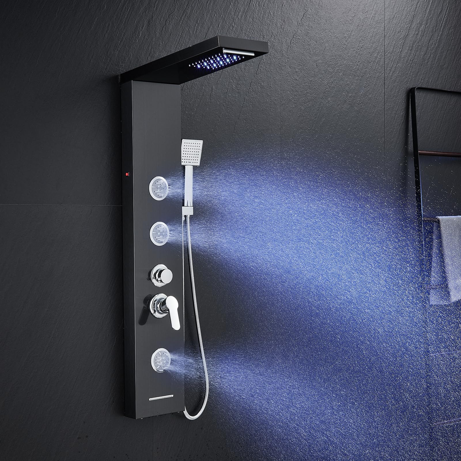 ROVATE 5-in-1 LED Shower Panel Tower System - Black Stainless Steel High Pressure Shower Column with Rainfall Showerhead, Waterfall, Body Jets & Handheld Sprayer + Tub Spout | Perfect for Modern Bathroom Renovation & Spa-Like Shower Experience