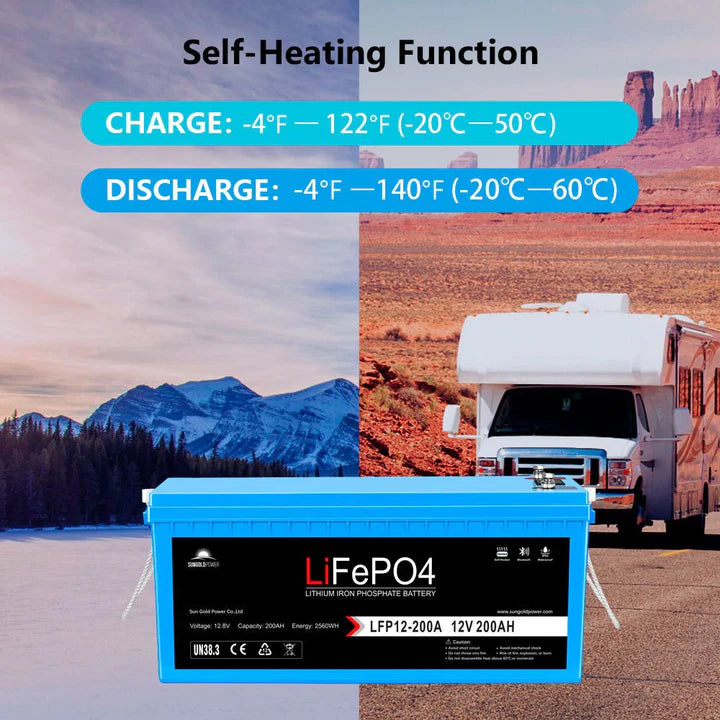12V 200Ah LiFePO4 Deep Cycle Lithium Battery with Bluetooth, Self-Heating & IP65 - Perfect for RVs, Solar Systems, Marine & Off-Grid Power Storage