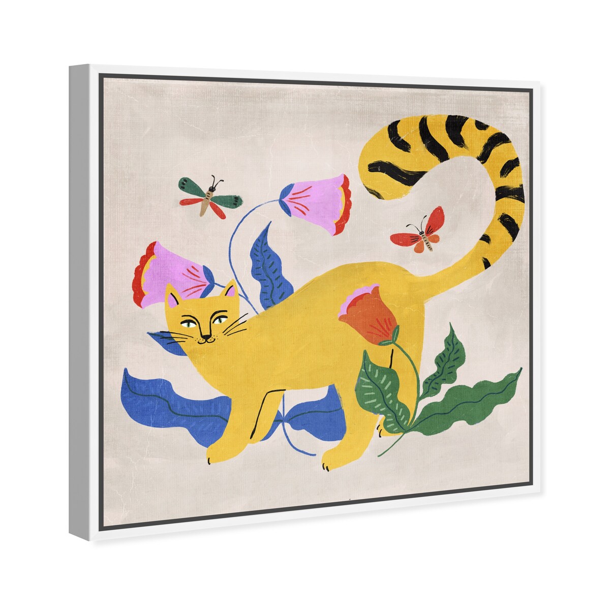 Blonde Tabby Floral Kitten Butterfly Garden Modern Yellow Framed Canvas Wall Art Print - Home Decor for Bedroom, Living Room & Nursery